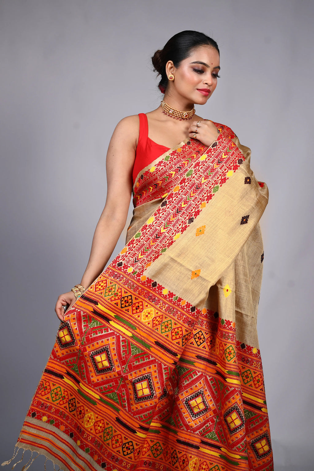 Beige Muga Silk Assam Saree With Blouse Piece