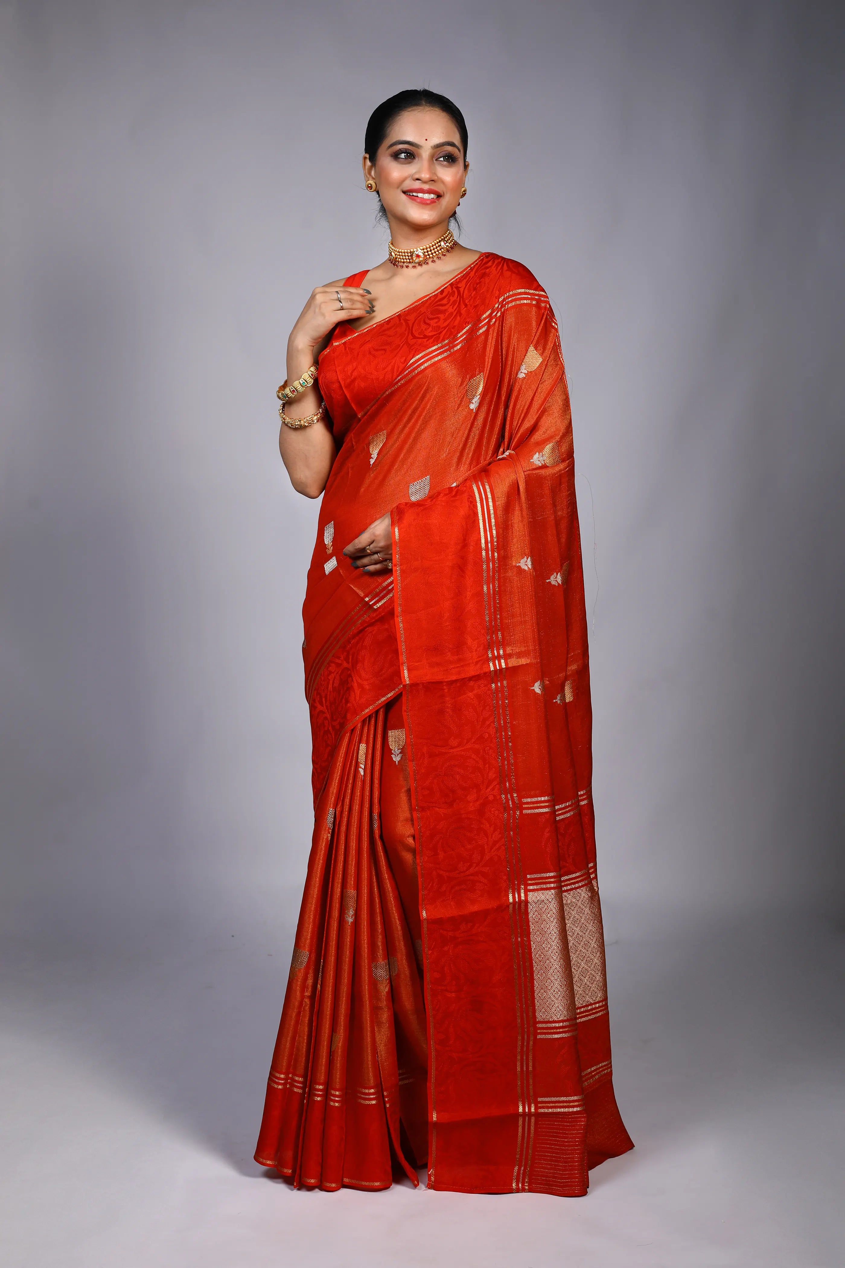 Rust Semi Tissue Mashru Saree With Blouse Piece
