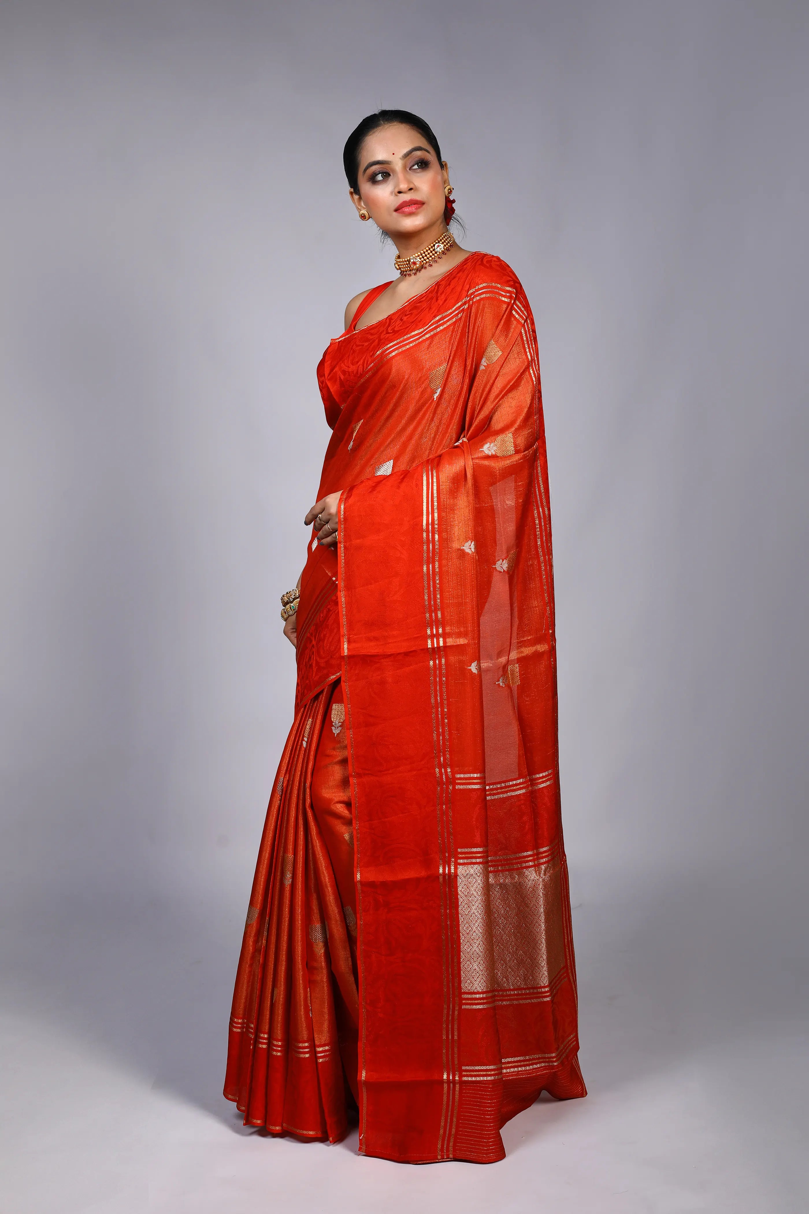 Rust Semi Tissue Mashru Saree With Blouse Piece