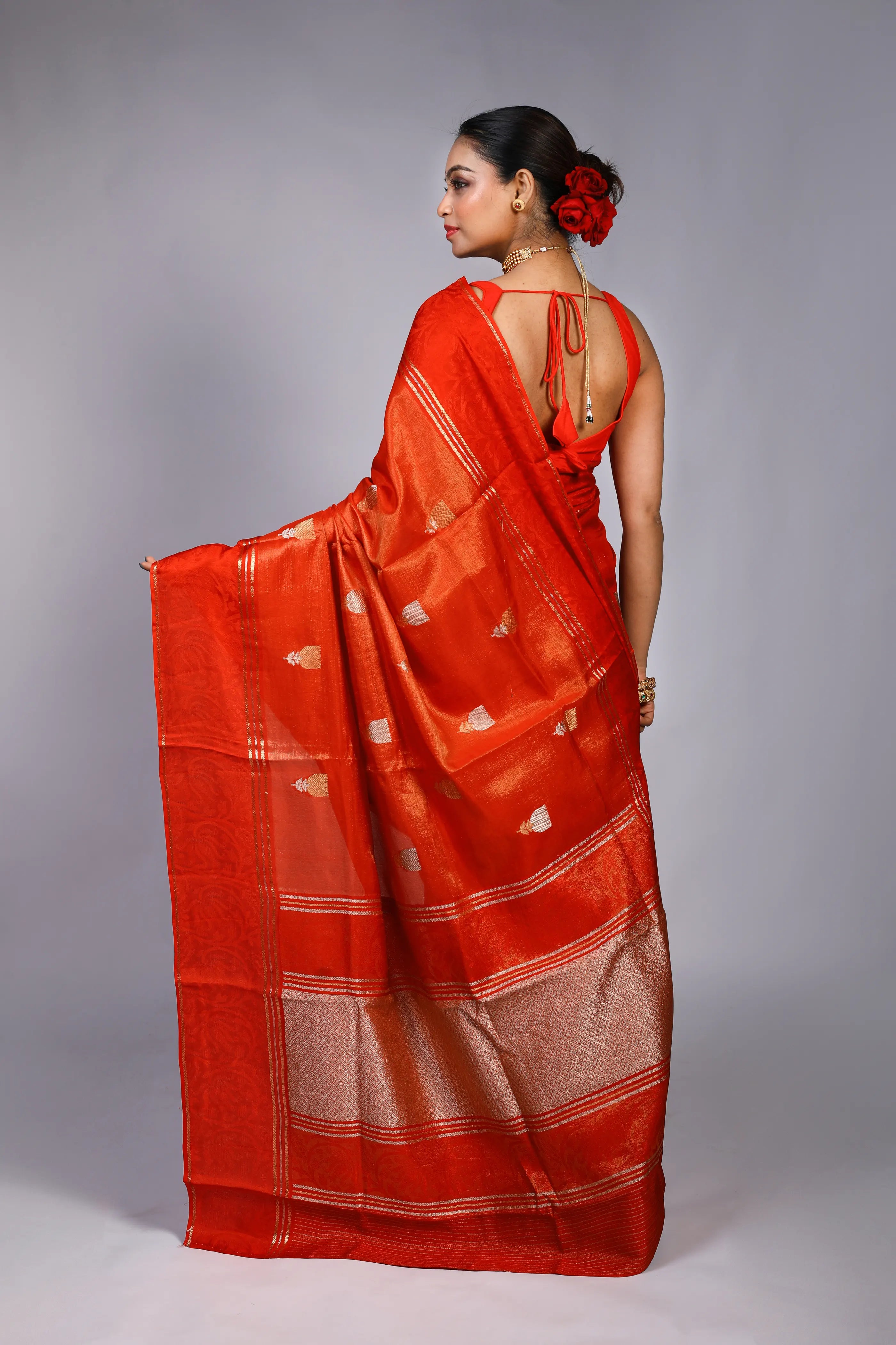 Rust Semi Tissue Mashru Saree With Blouse Piece