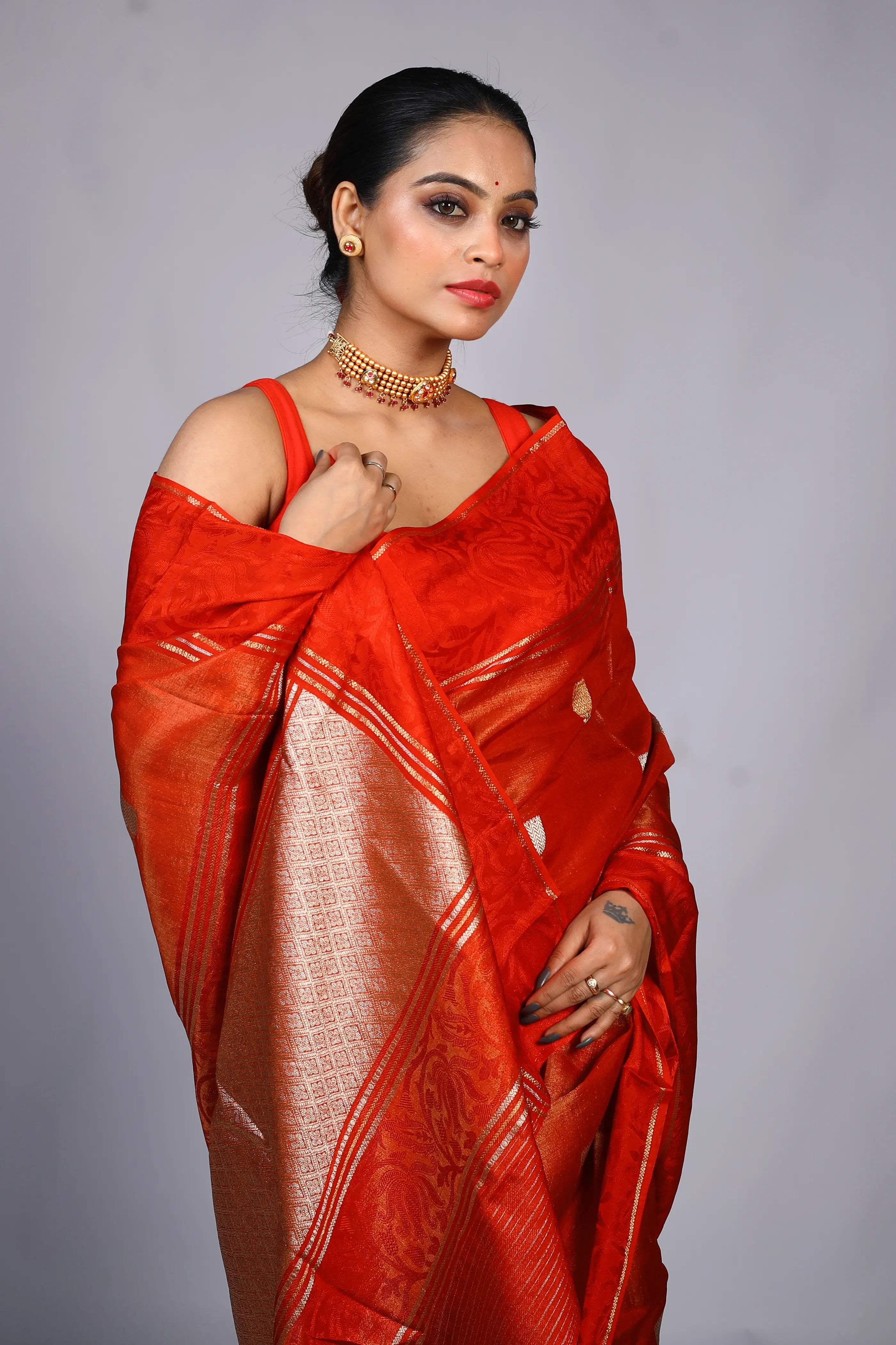 Rust Semi Tissue Mashru Saree With Blouse Piece