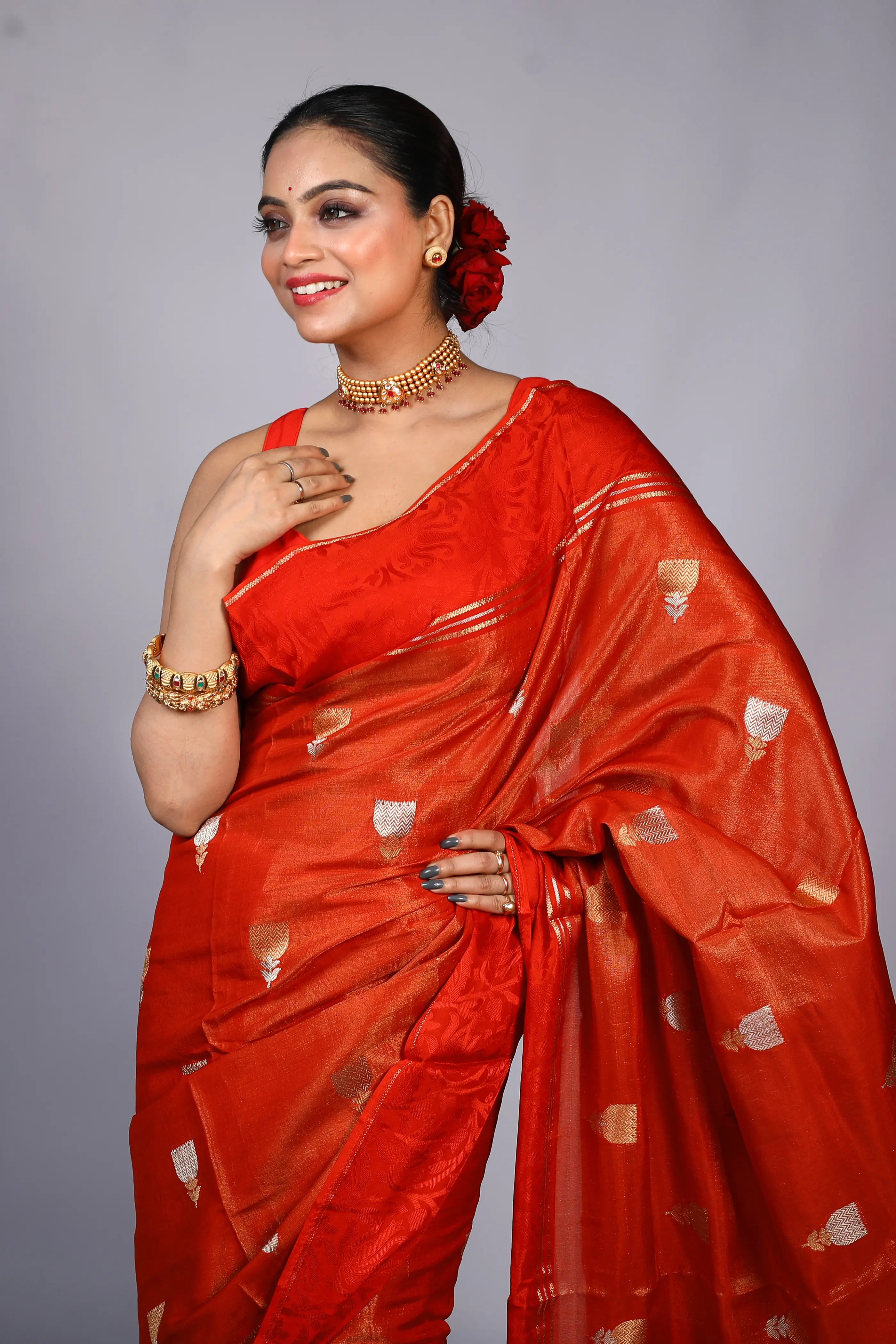 Rust Semi Tissue Mashru Saree With Blouse Piece