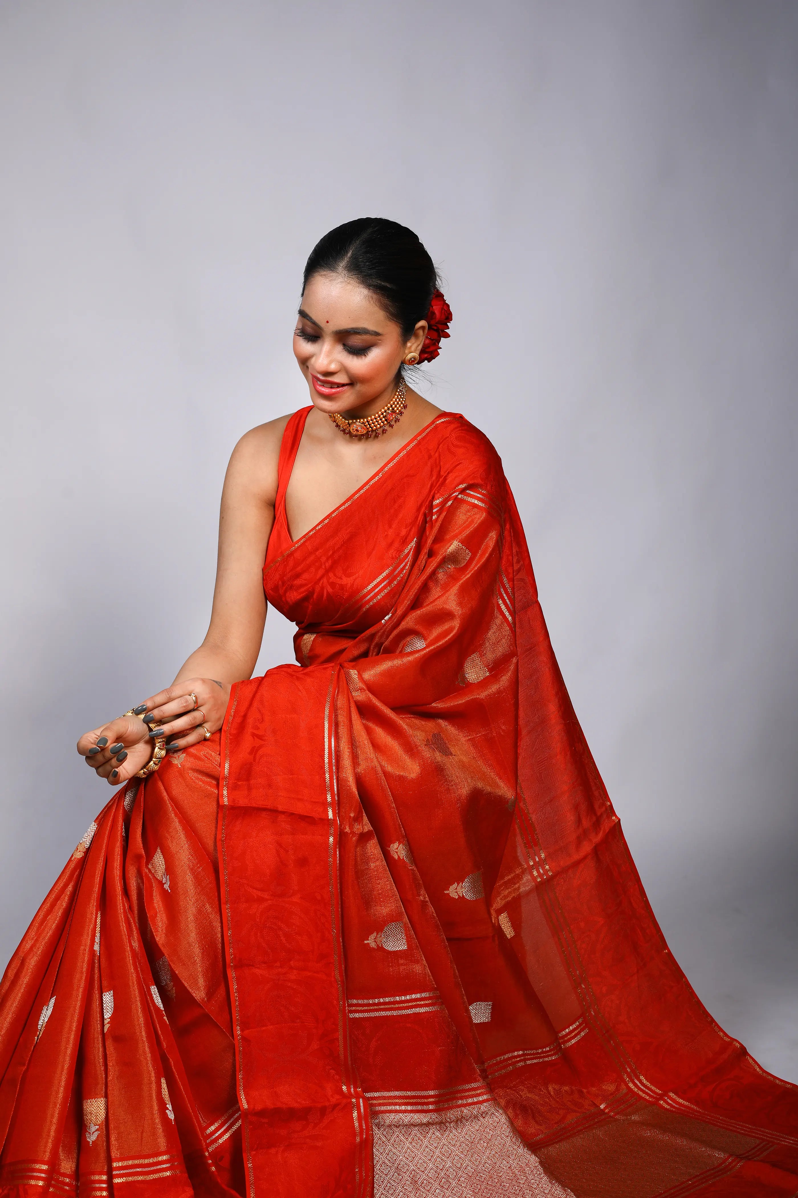 Rust Semi Tissue Mashru Saree With Blouse Piece