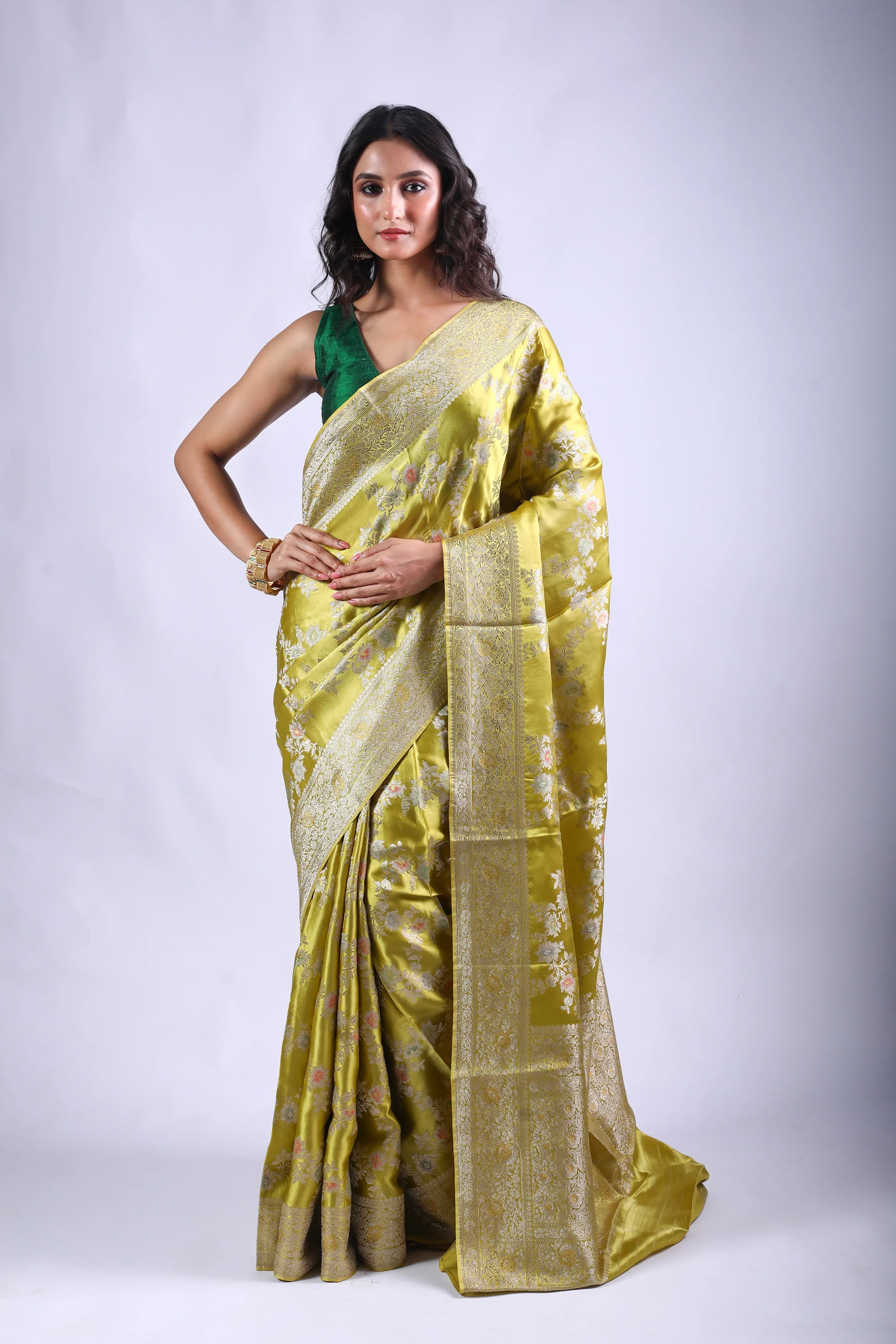 Light Mehendi Semi Mashru Saree With Blouse Piece
