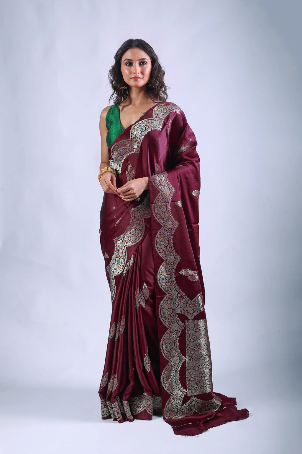 Wine Semi Mashru Saree With Blouse Piece