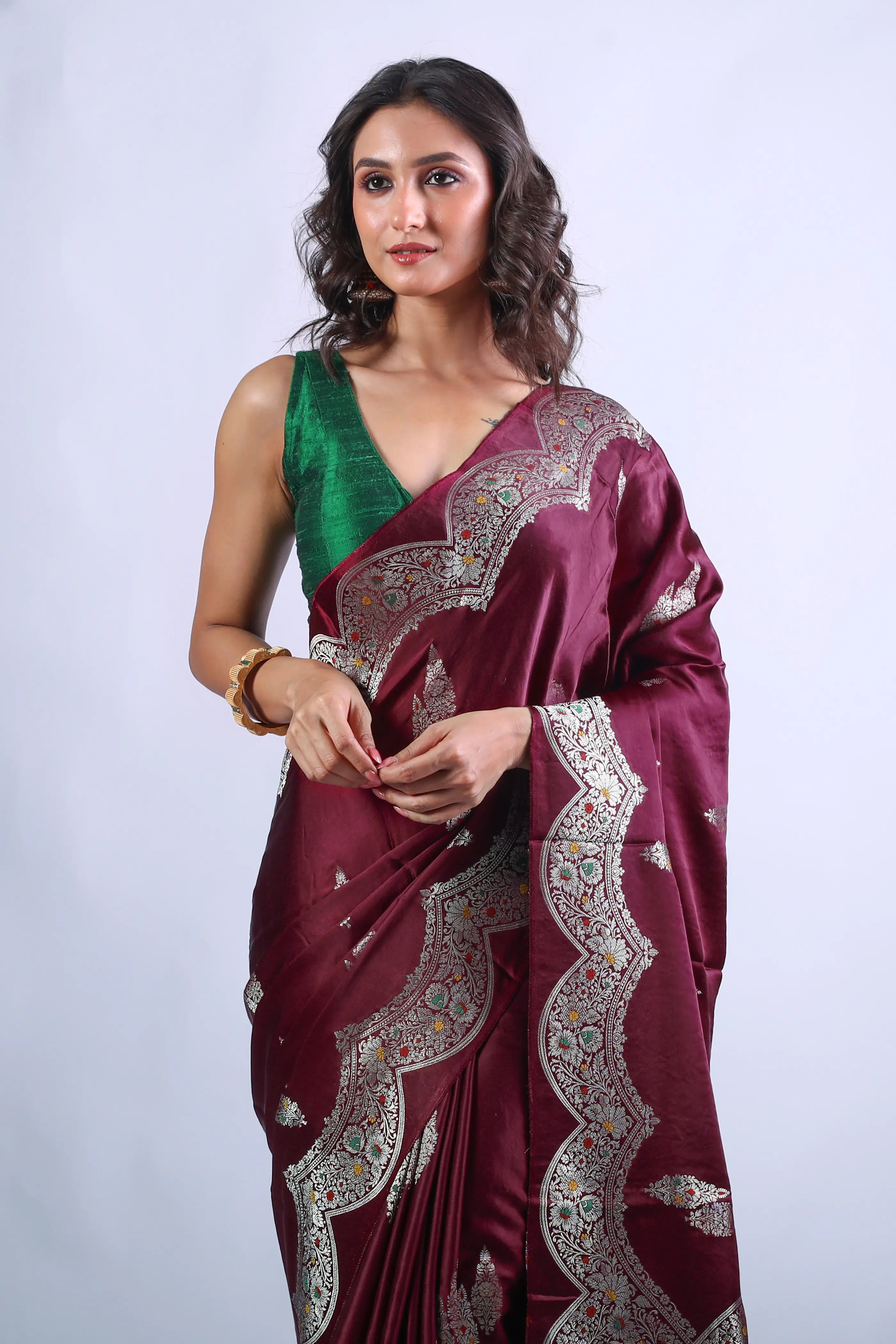 Wine Semi Mashru Saree With Blouse Piece