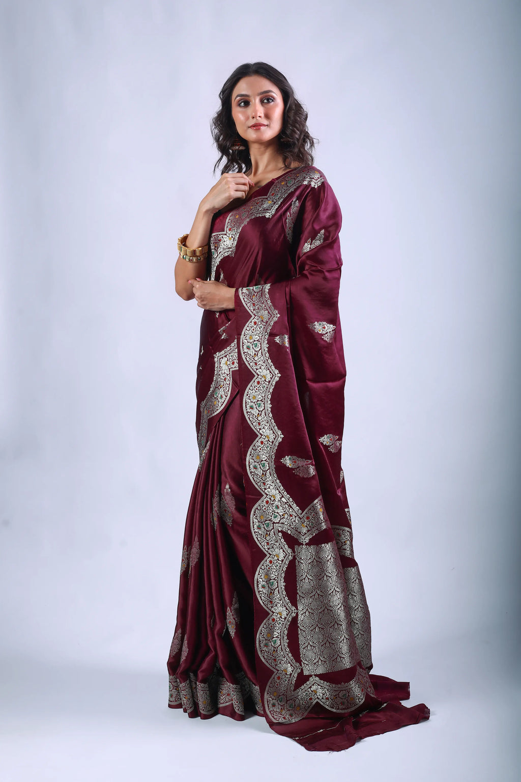 Wine Semi Mashru Saree With Blouse Piece