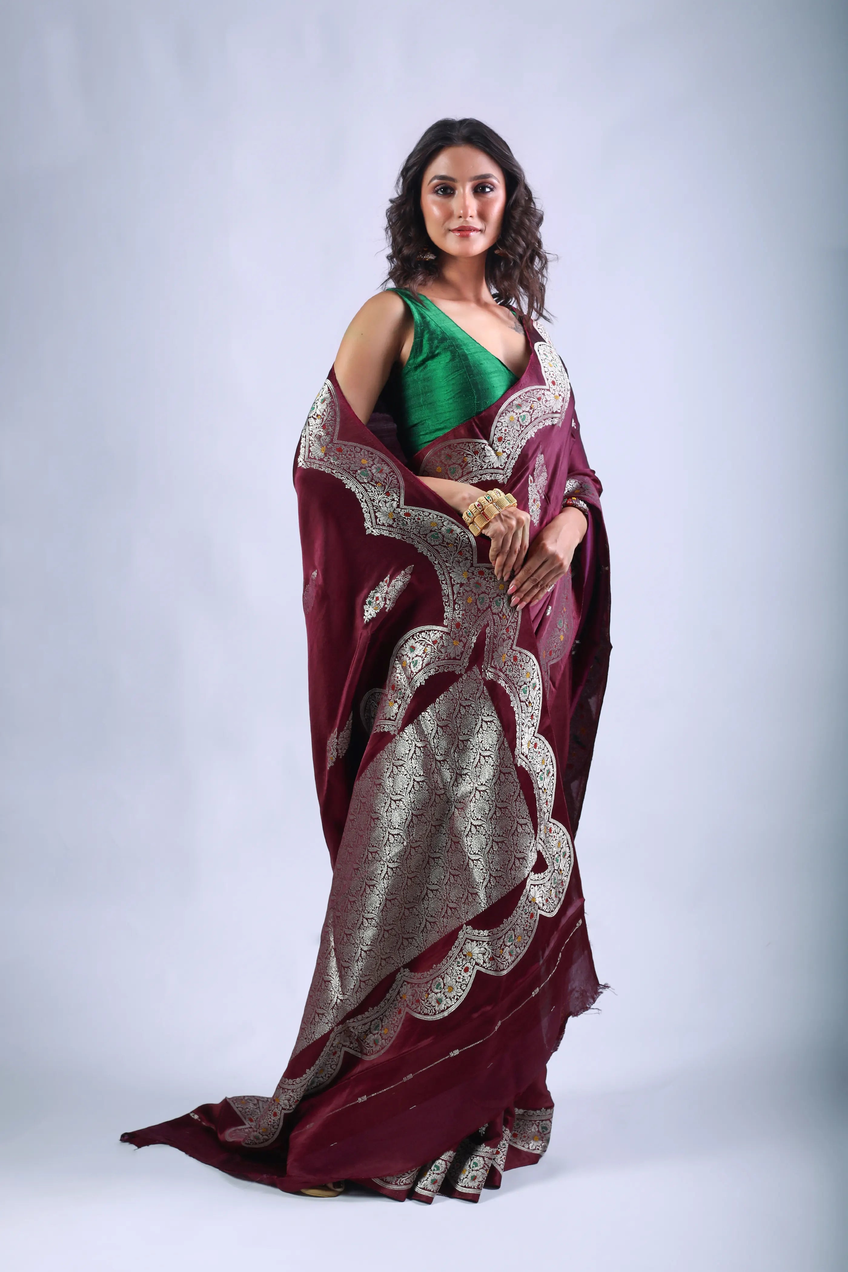 Wine Semi Mashru Saree With Blouse Piece