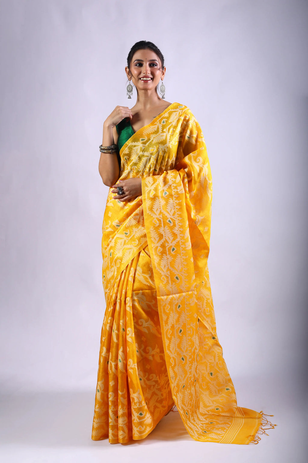 Yellow Tussar Jamdani Saree With Blouse Piece
