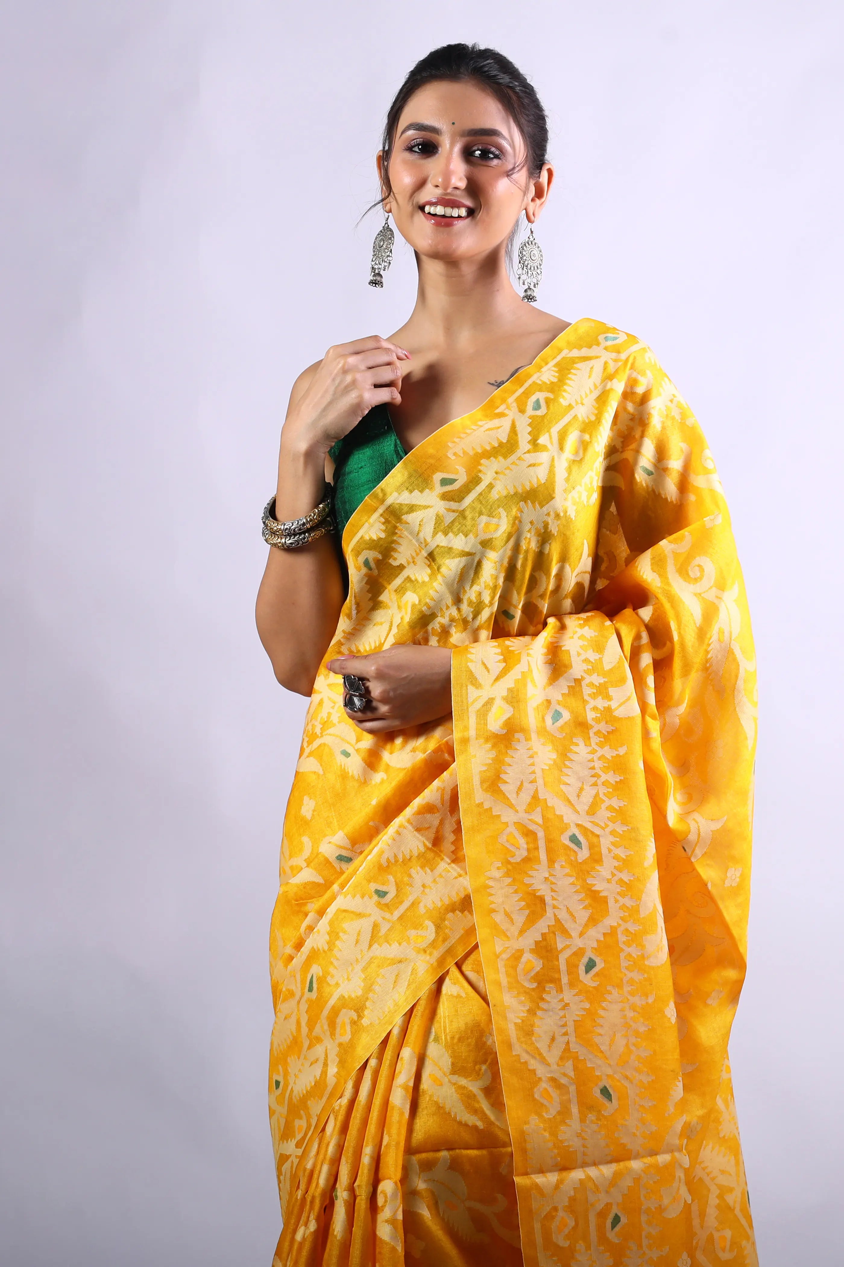 Yellow Tussar Jamdani Saree With Blouse Piece