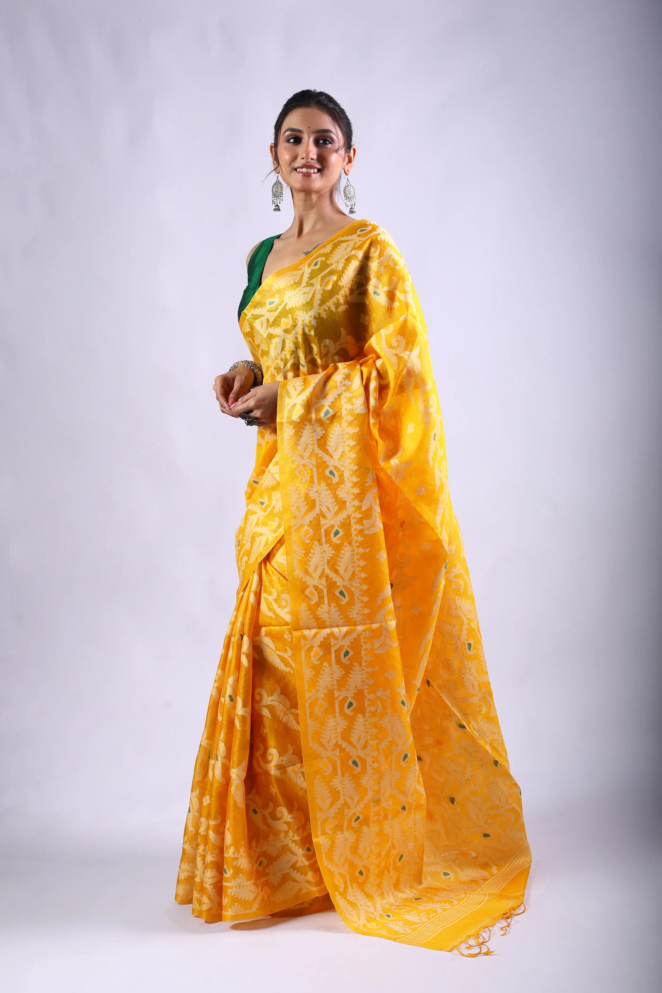 Yellow Tussar Jamdani Saree With Blouse Piece