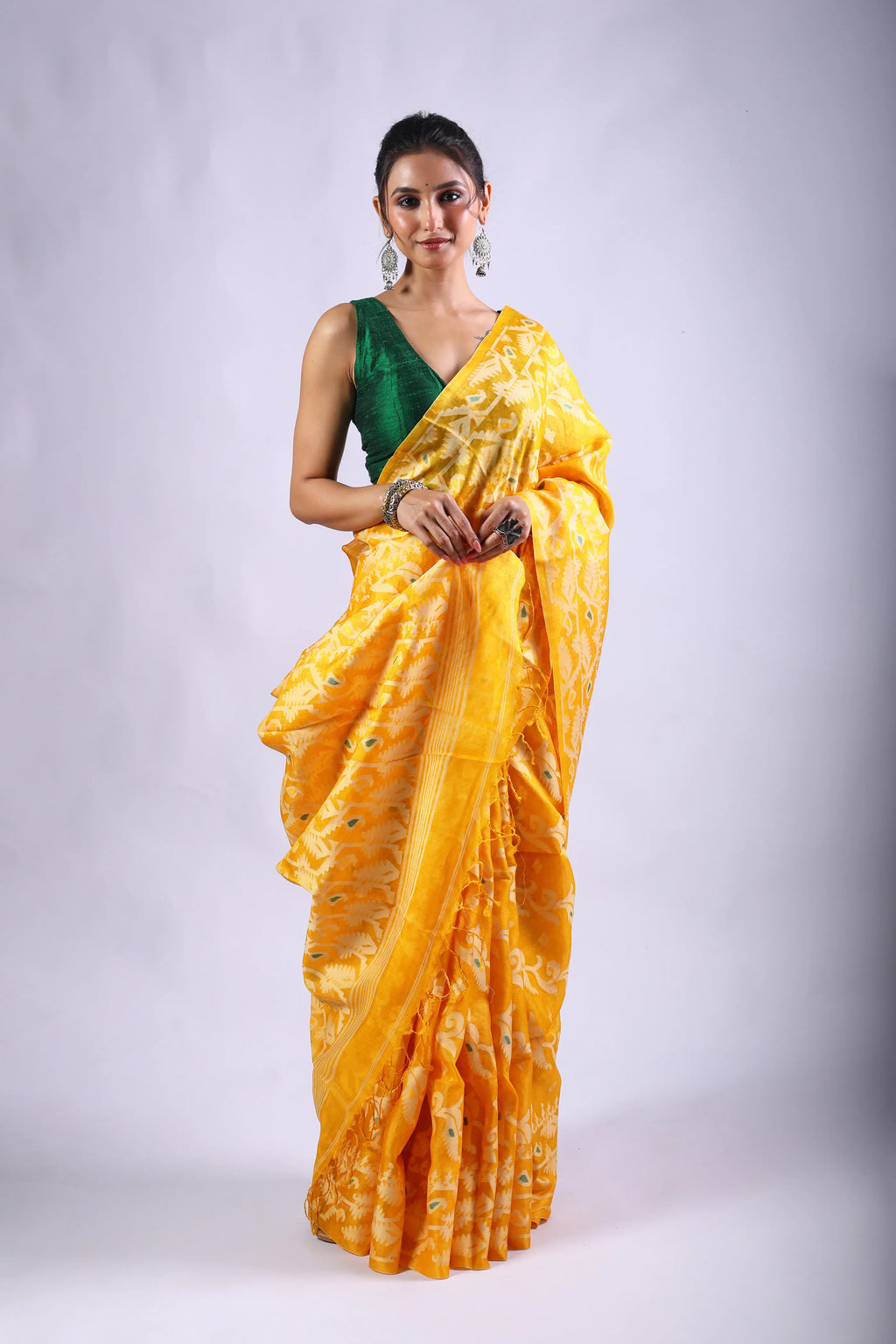 Yellow Tussar Jamdani Saree With Blouse Piece