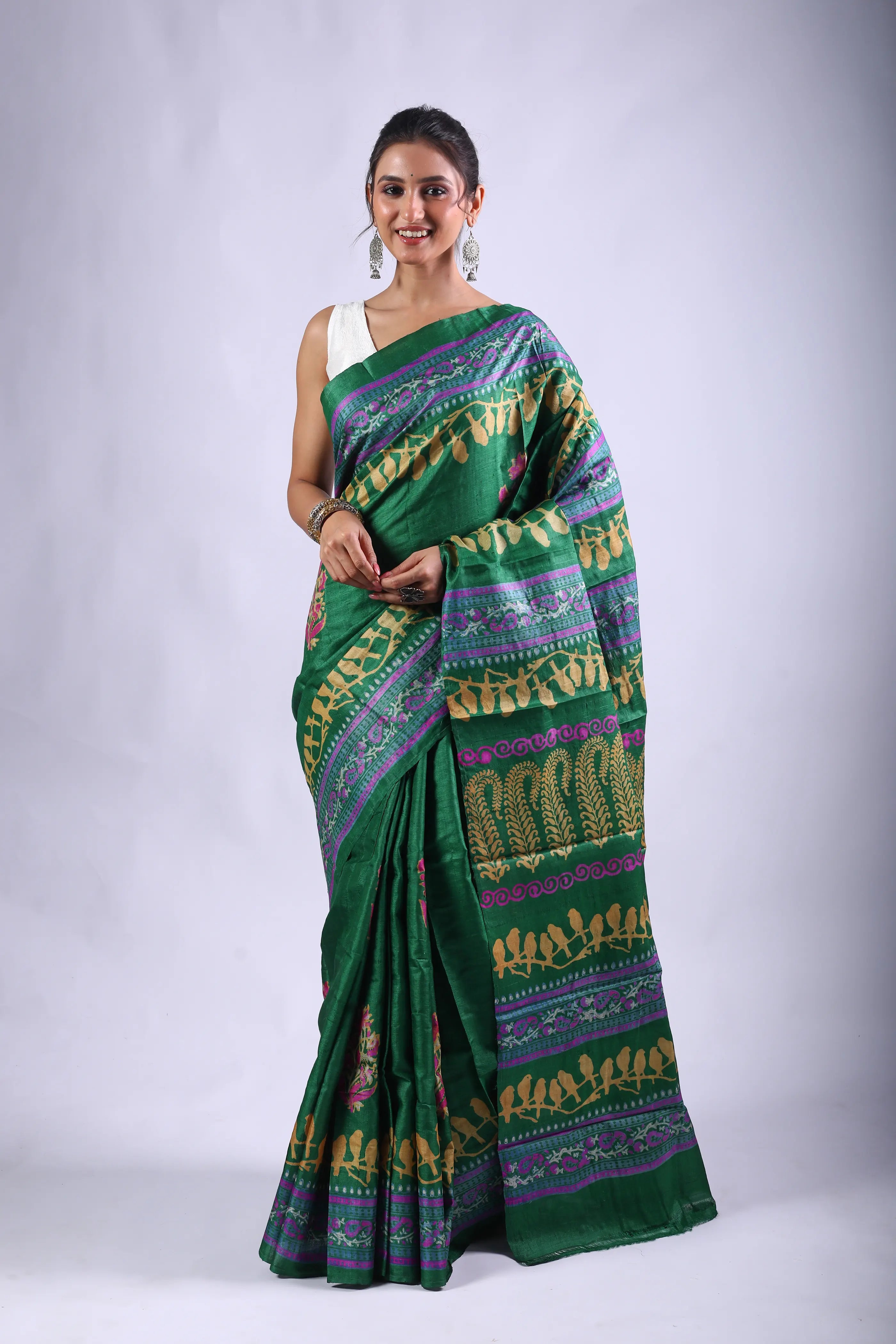Green Tussar Saree With Blouse Piece
