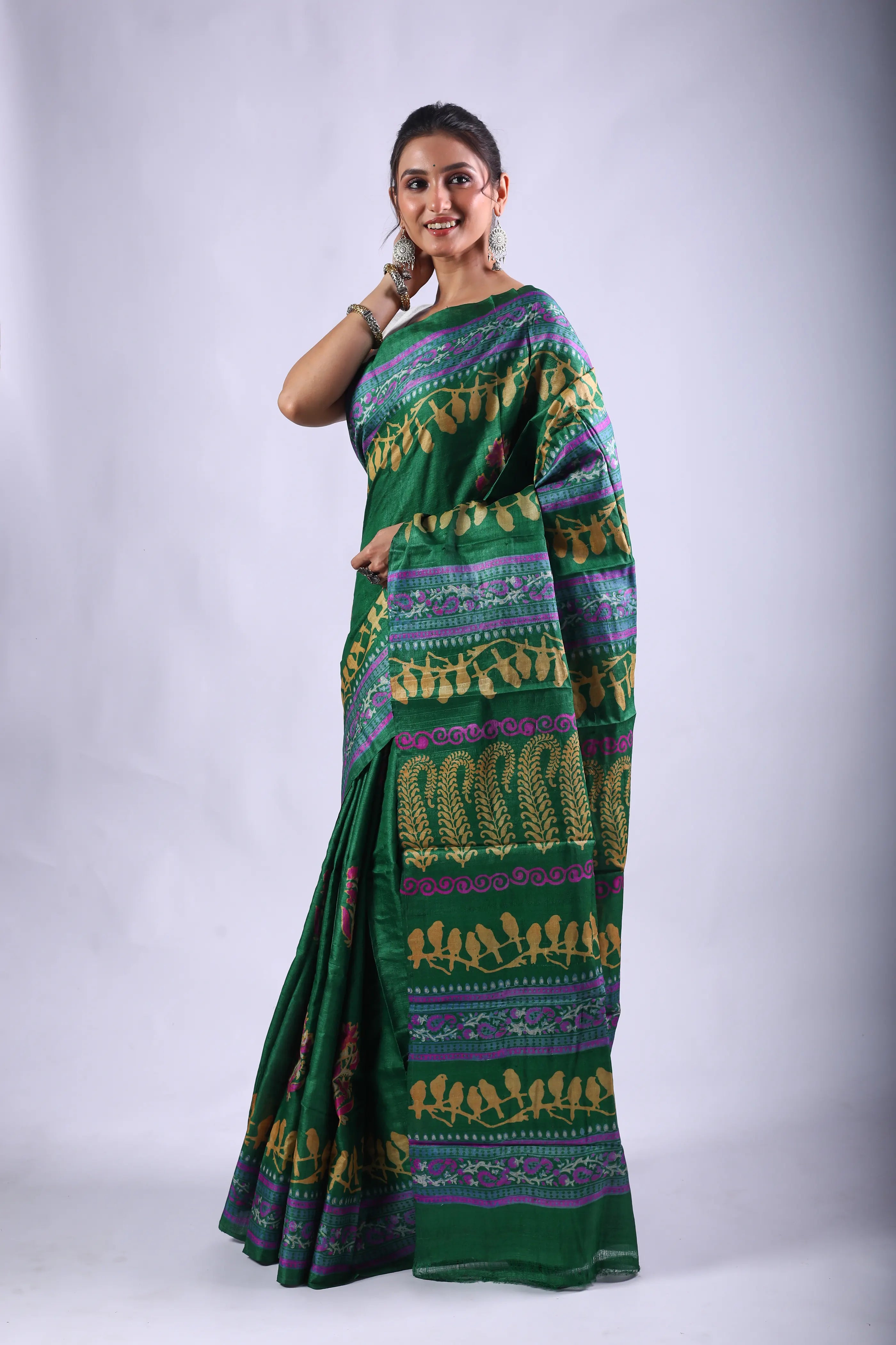 Green Tussar Saree With Blouse Piece
