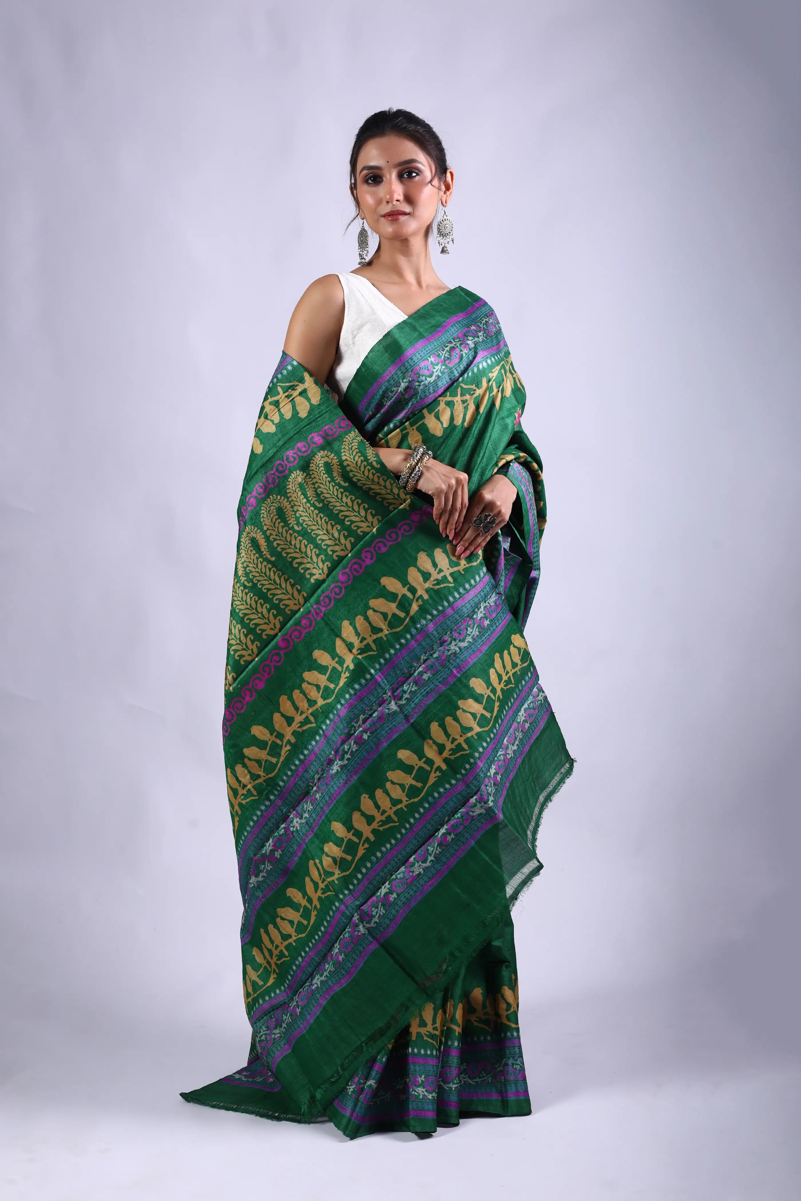 Green Tussar Saree With Blouse Piece