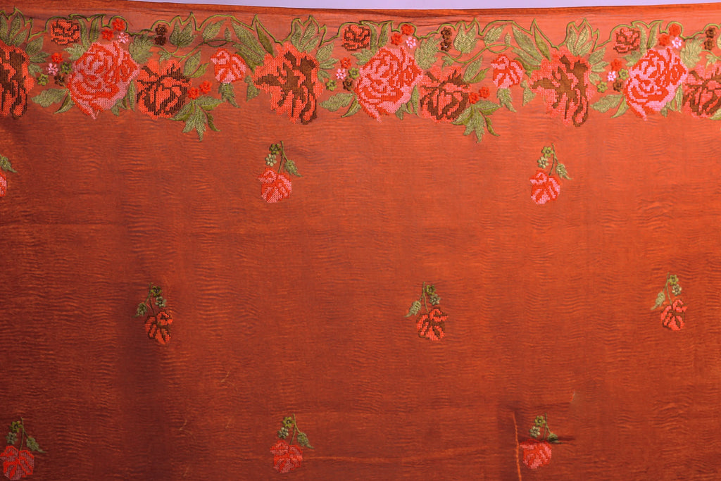 Rust Orange Tissue Banarasi Saree With Blouse Piece