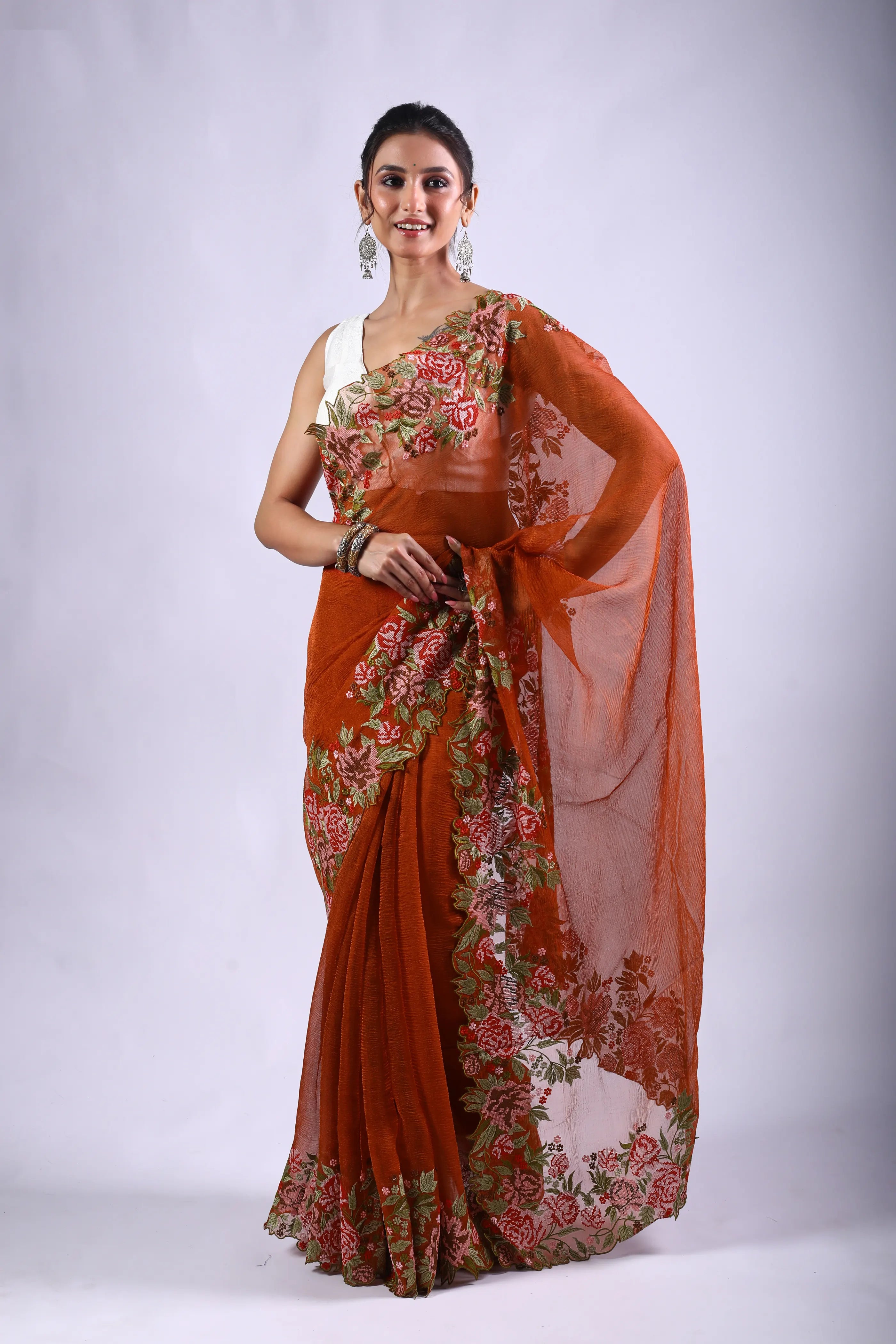 Rust Orange Tissue Banarasi Saree With Blouse Piece