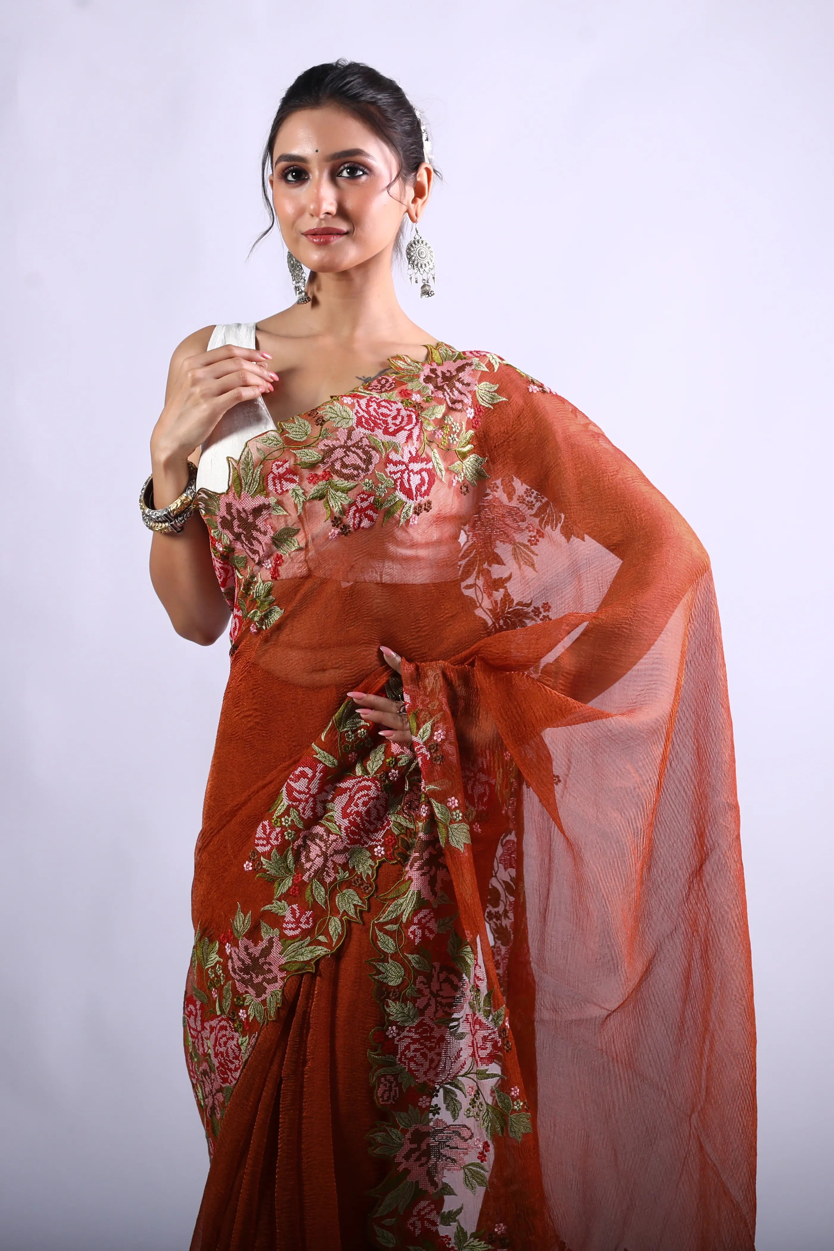 Rust Orange Tissue Banarasi Saree With Blouse Piece