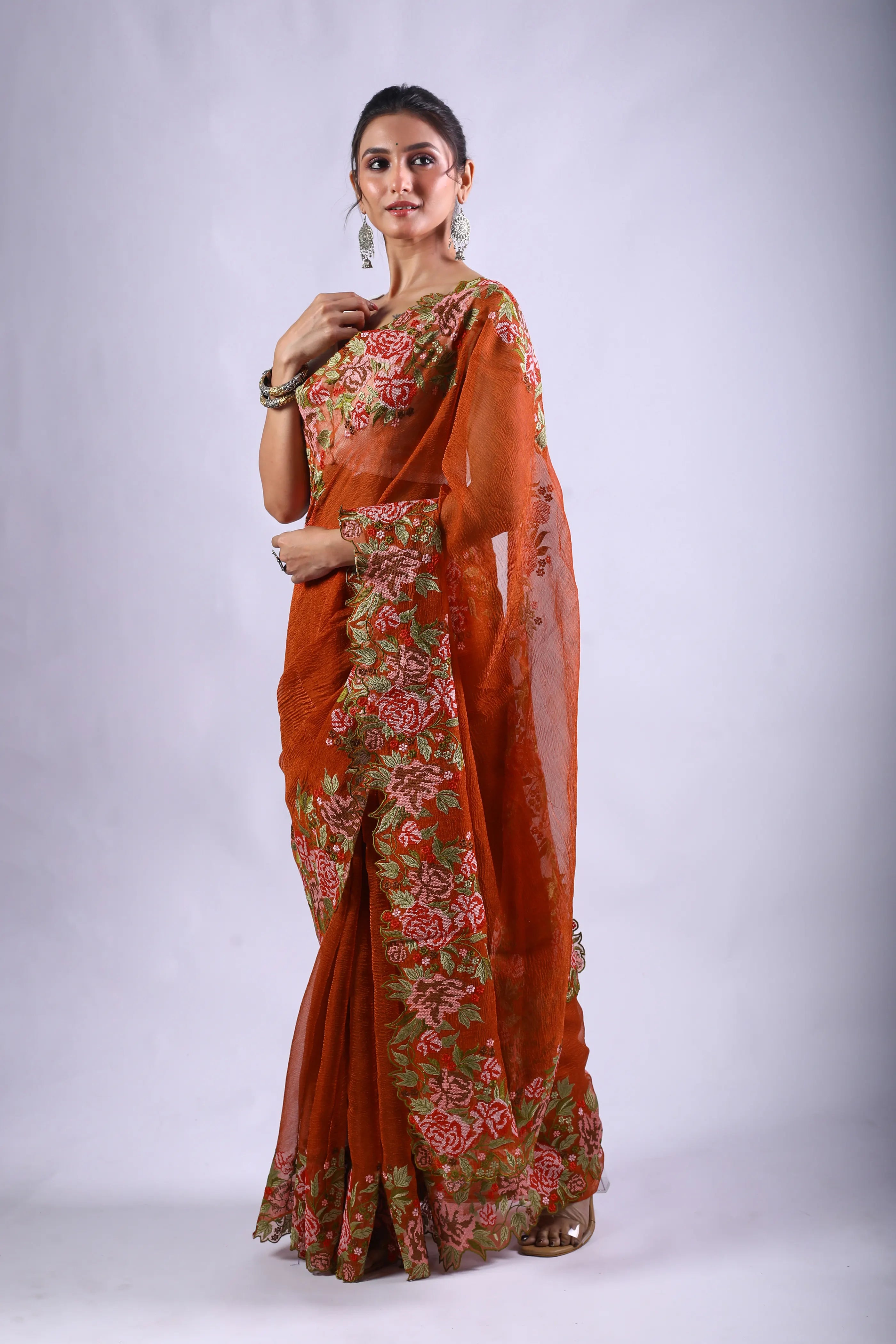 Rust Orange Tissue Banarasi Saree With Blouse Piece
