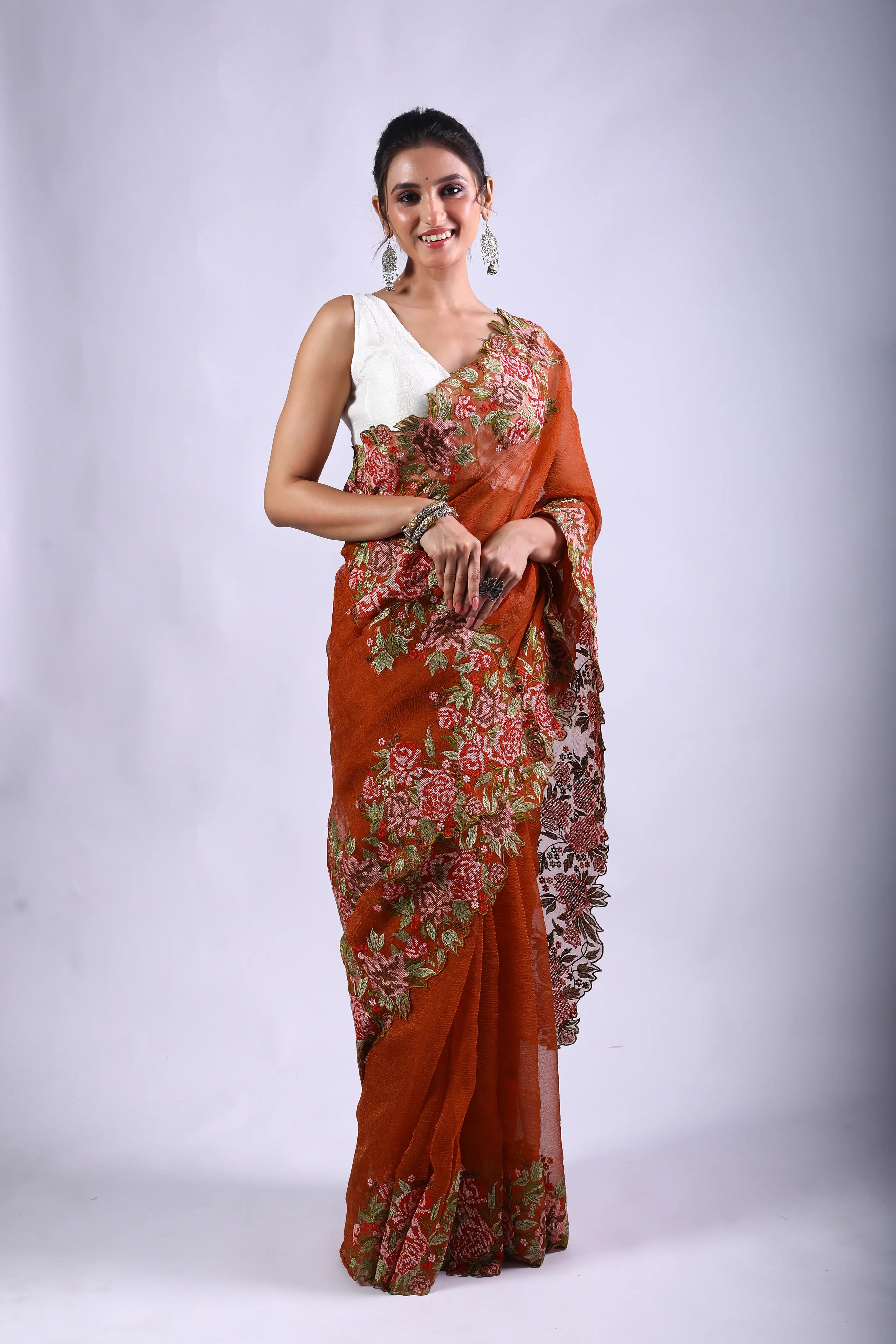 Rust Orange Tissue Banarasi Saree With Blouse Piece