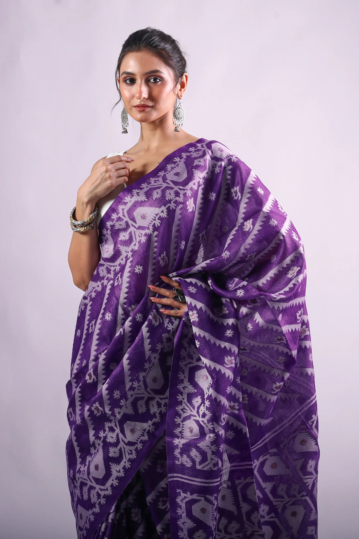 Purple Tussar Jamdani Saree With Blouse Piece