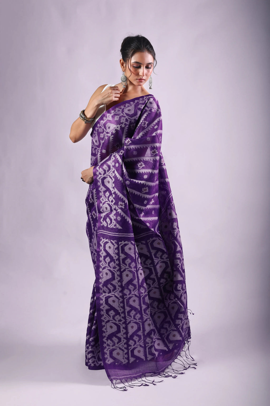 Purple Tussar Jamdani Saree With Blouse Piece