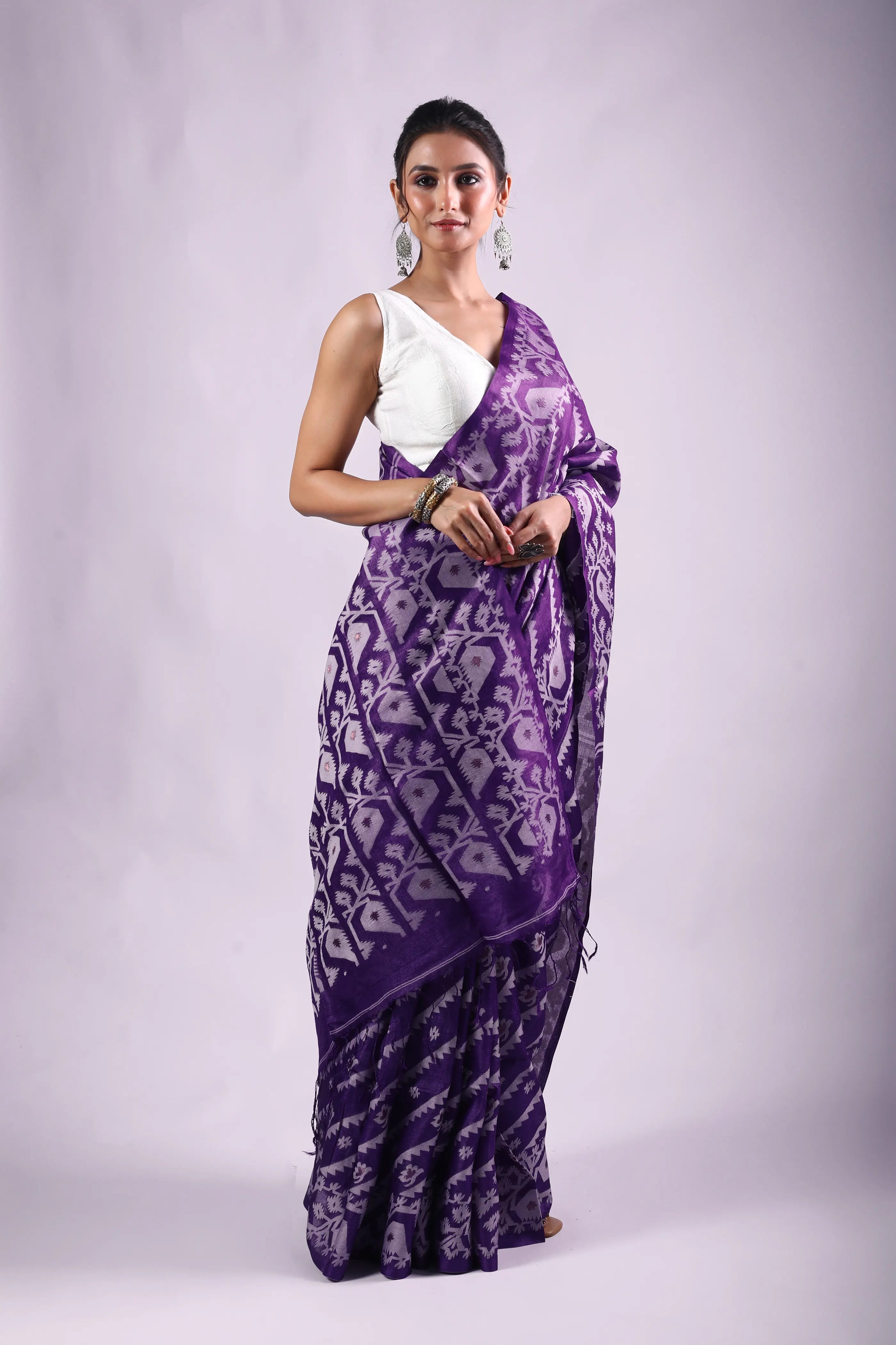 Purple Tussar Jamdani Saree With Blouse Piece