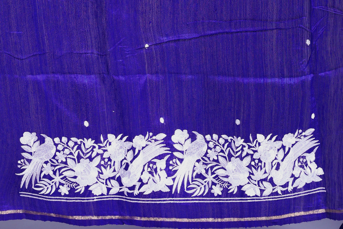 Navy Blue Matka Machine Parsi Work Saree With Blouse Piece