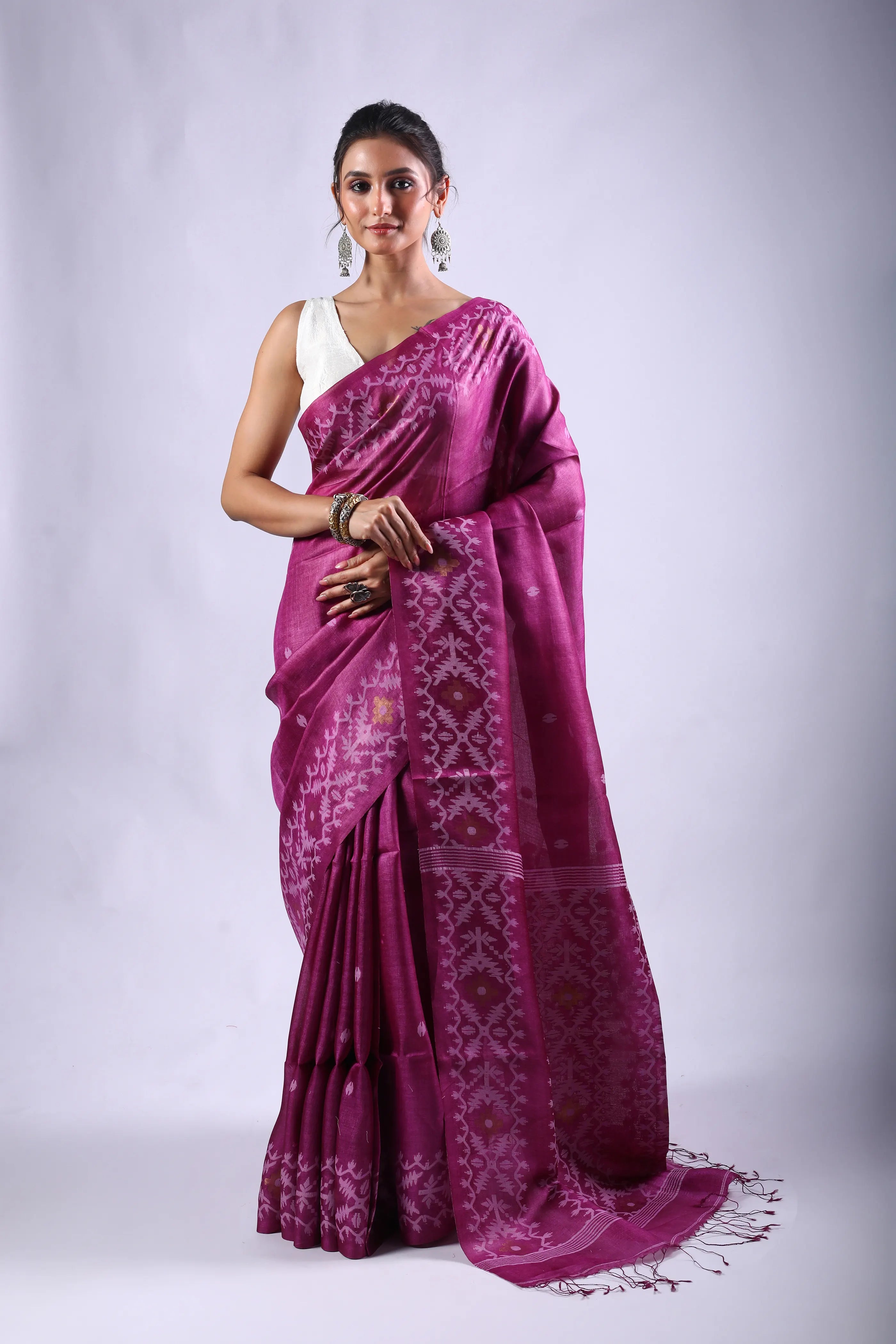 Purplish Wine Tussar Jamdani Saree With Blouse Piece