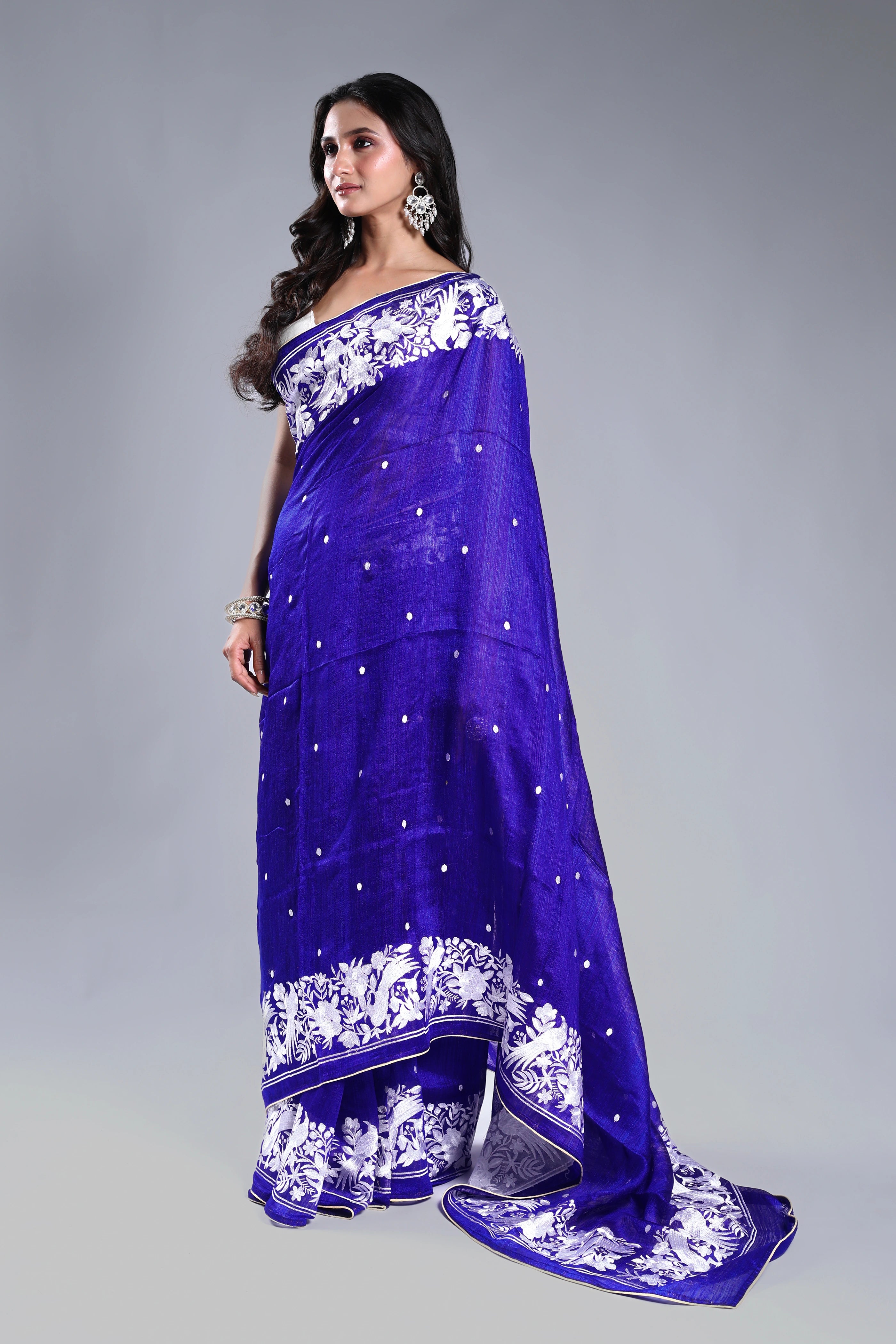 Navy Blue Matka Machine Parsi Work Saree With Blouse Piece