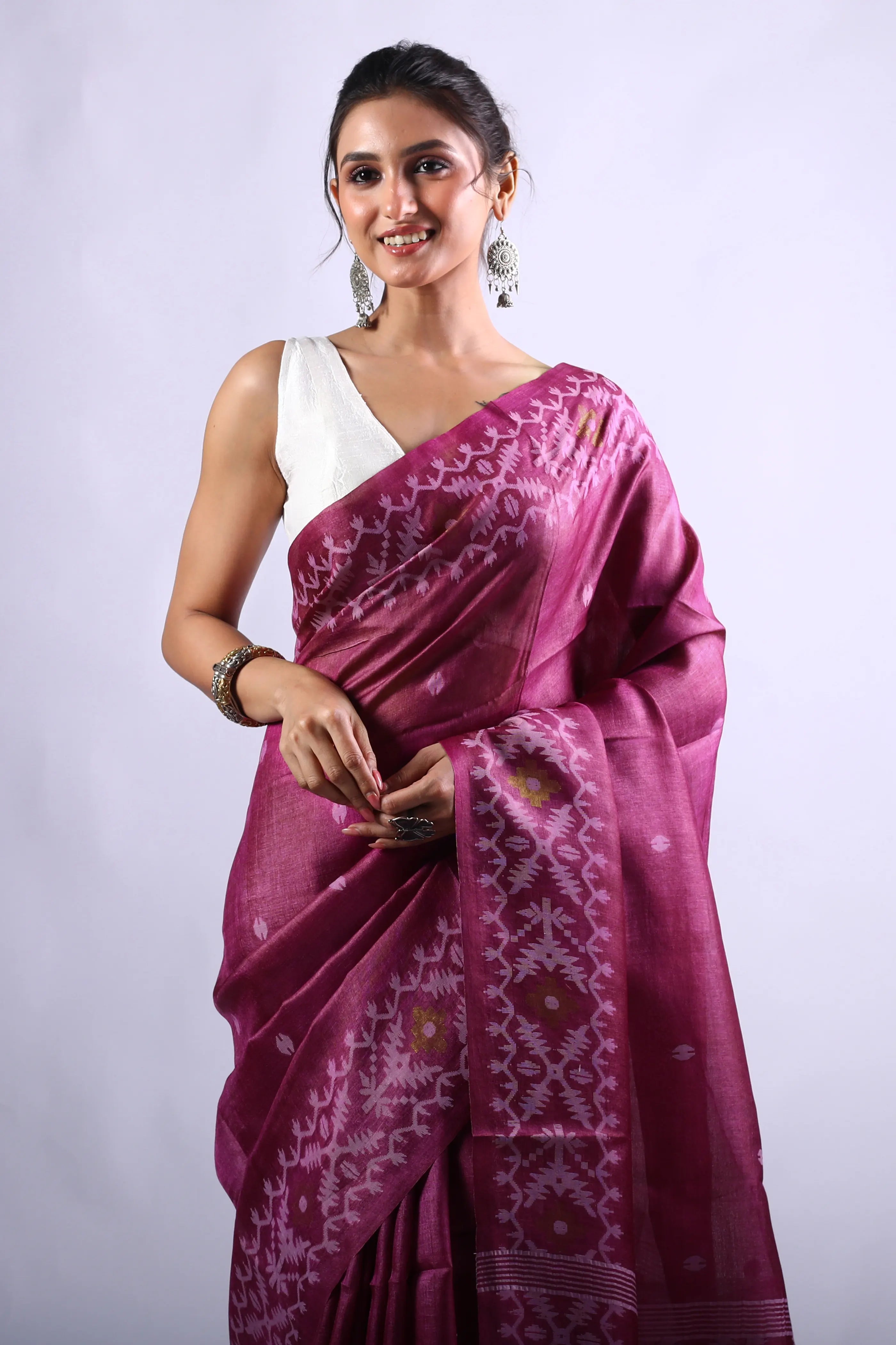Purplish Wine Tussar Jamdani Saree With Blouse Piece