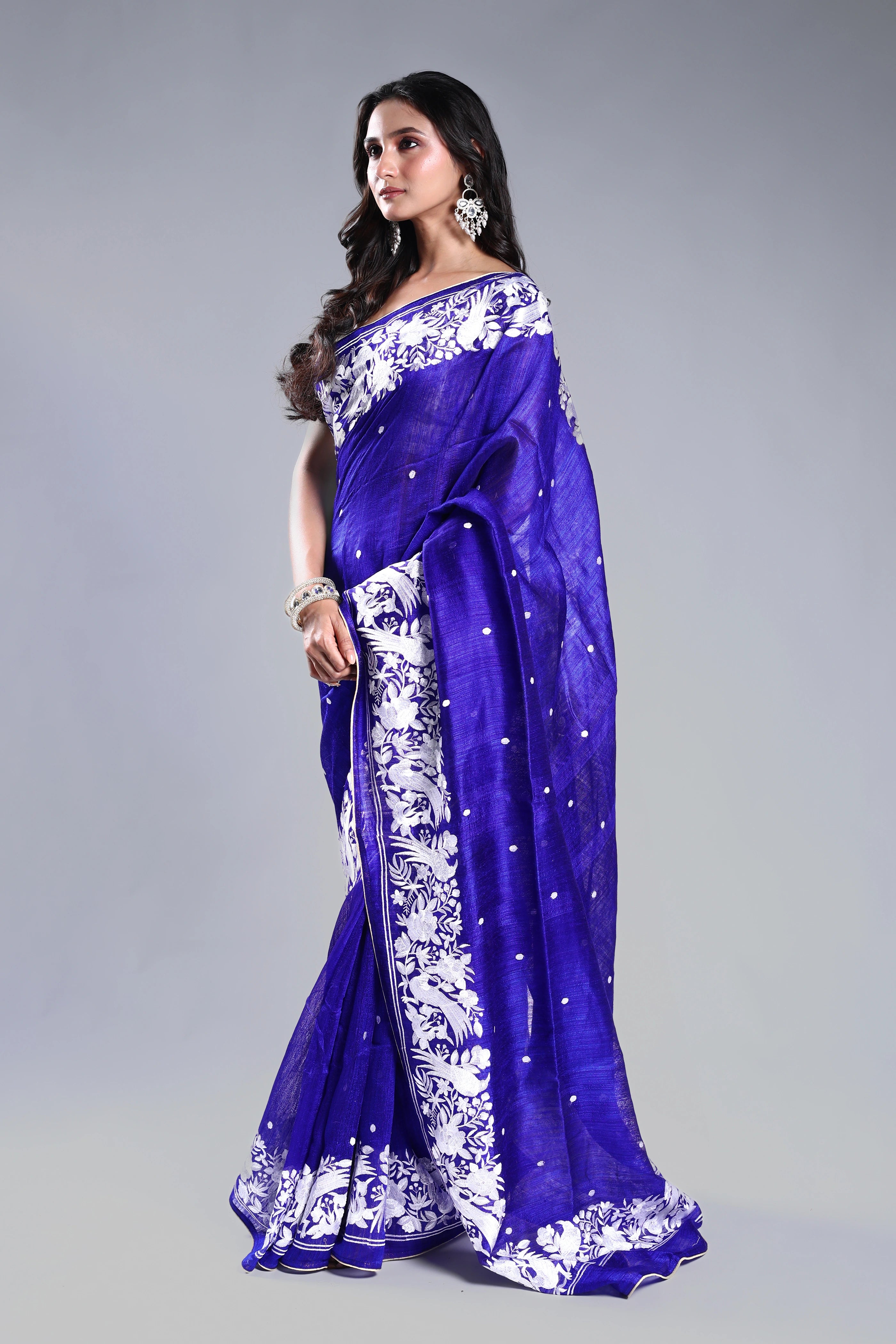 Navy Blue Matka Machine Parsi Work Saree With Blouse Piece