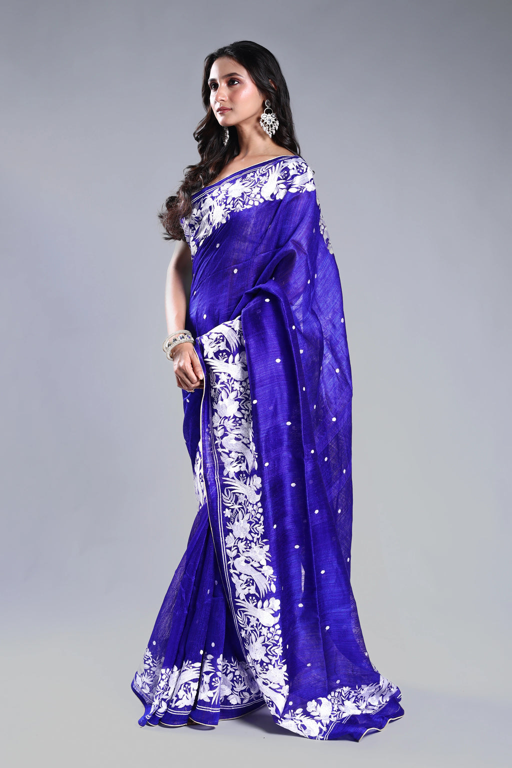 Navy Blue Matka Machine Parsi Work Saree With Blouse Piece