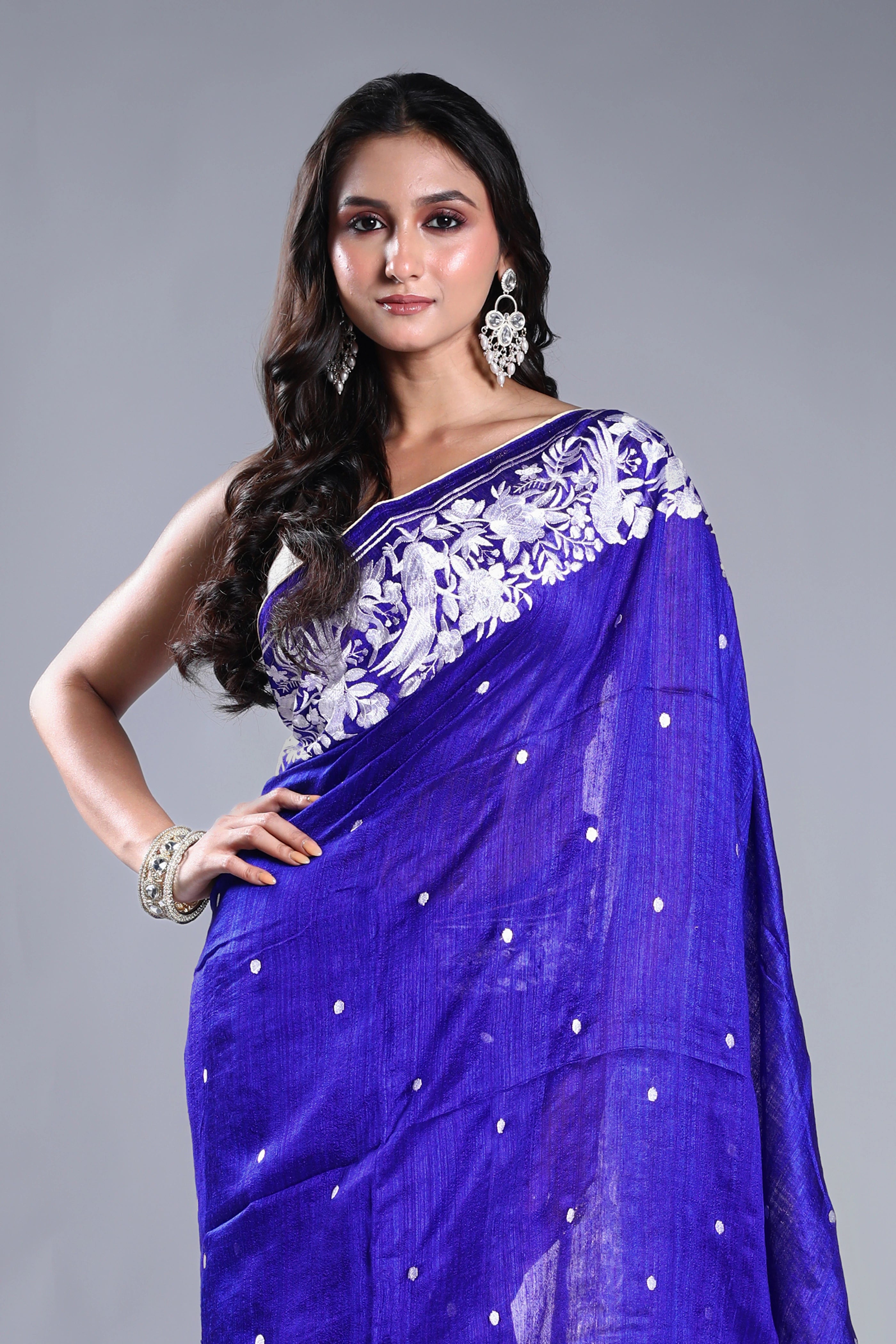 Navy Blue Matka Machine Parsi Work Saree With Blouse Piece