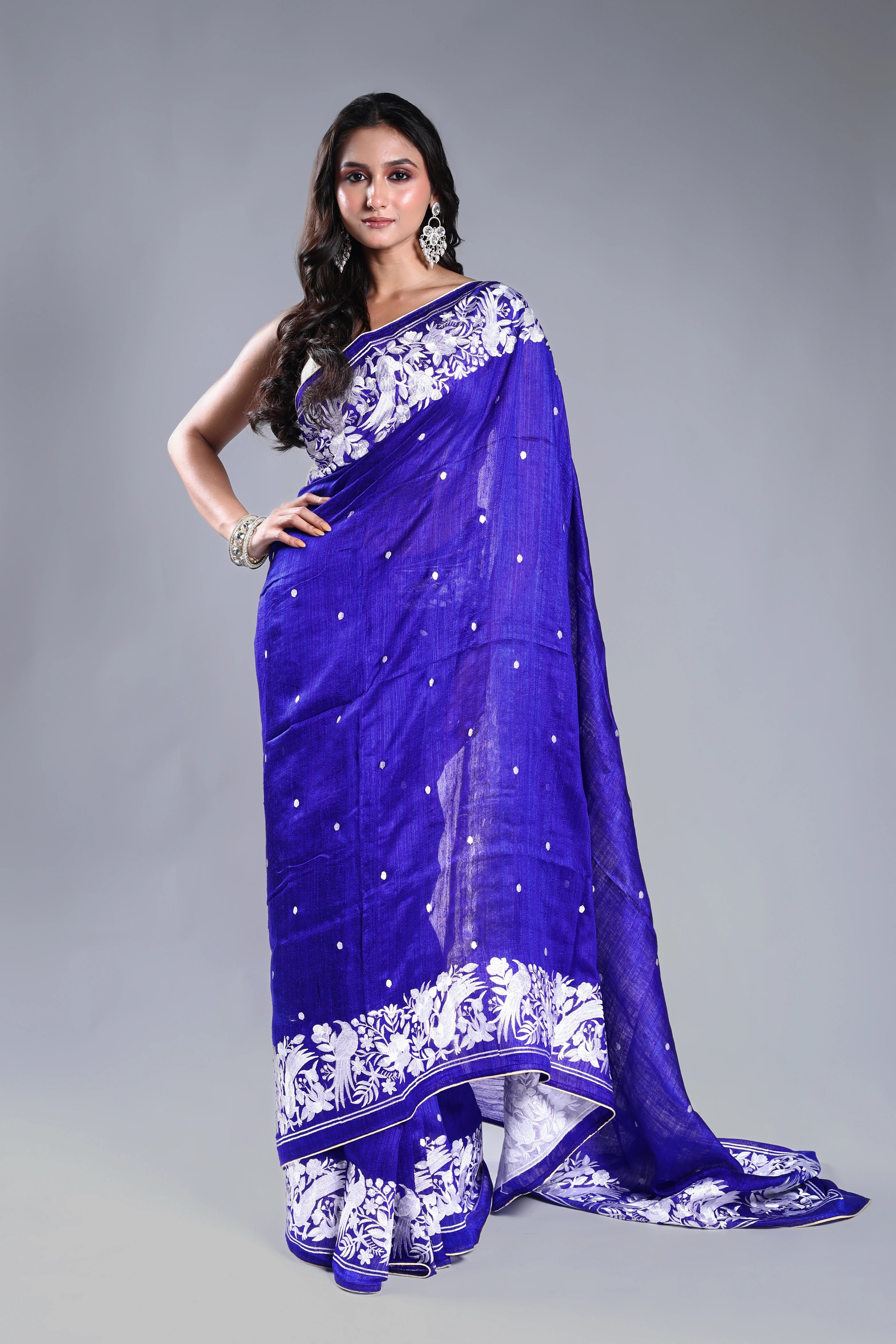 Navy Blue Matka Machine Parsi Work Saree With Blouse Piece