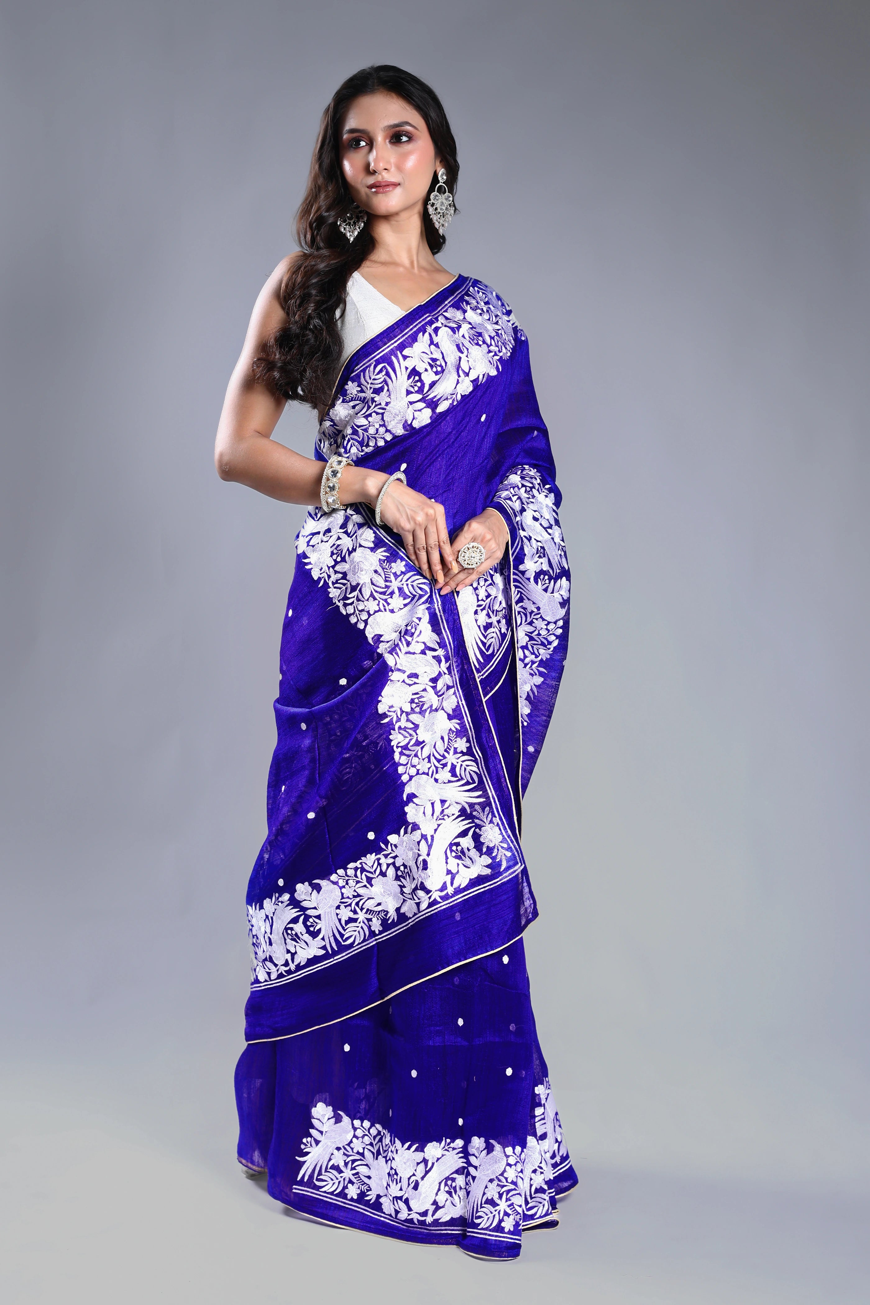 Navy Blue Matka Machine Parsi Work Saree With Blouse Piece