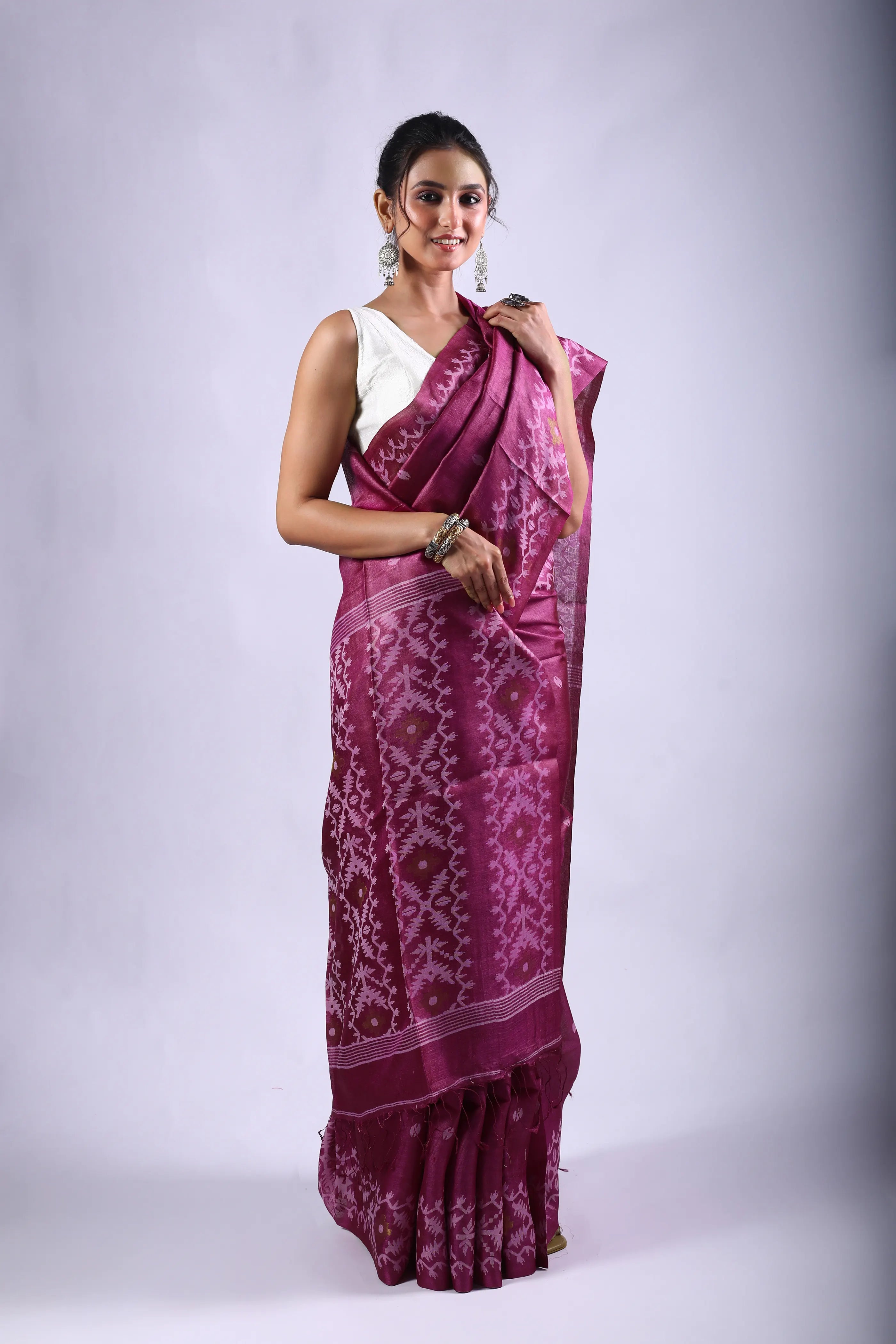 Purplish Wine Tussar Jamdani Saree With Blouse Piece