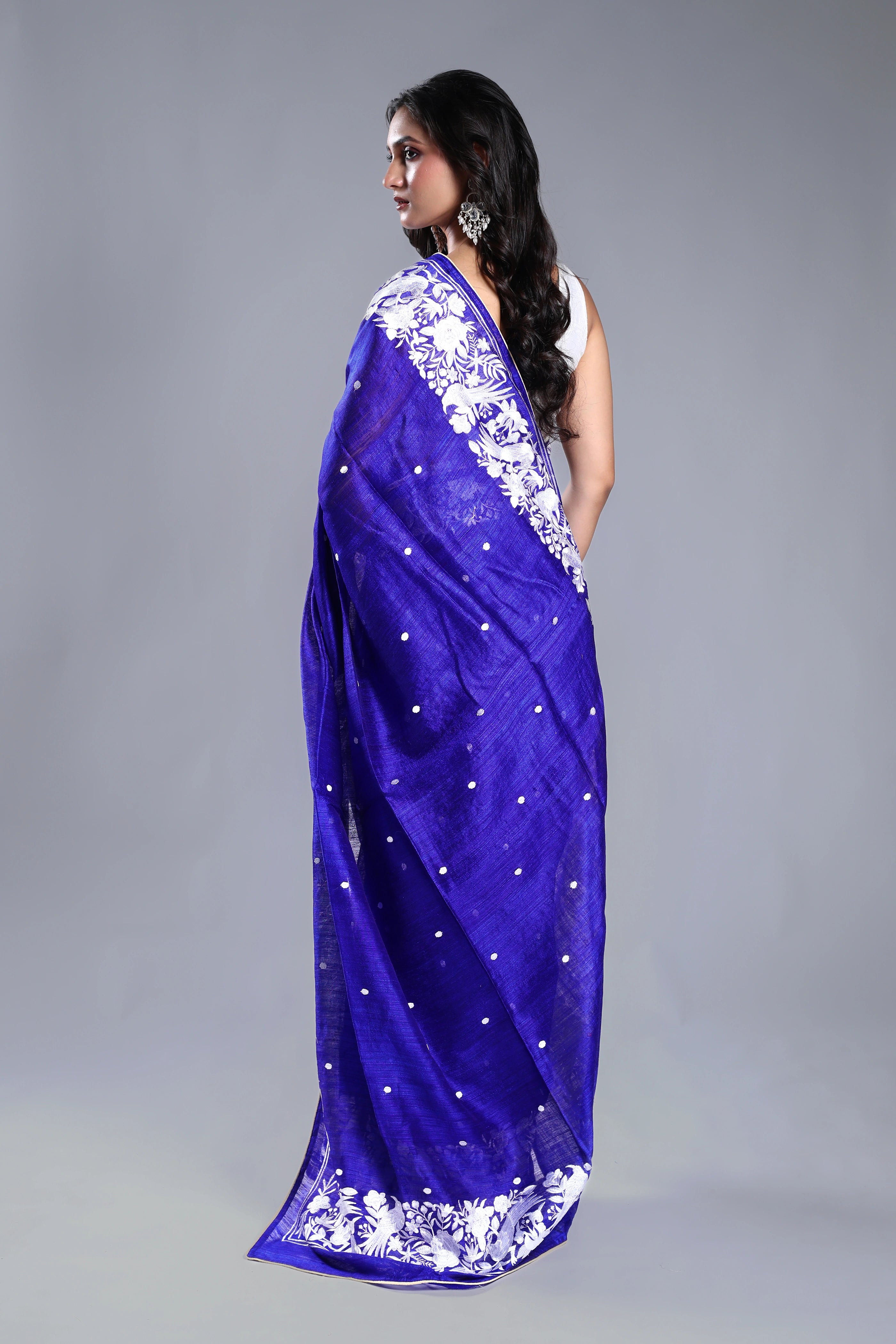 Navy Blue Matka Machine Parsi Work Saree With Blouse Piece