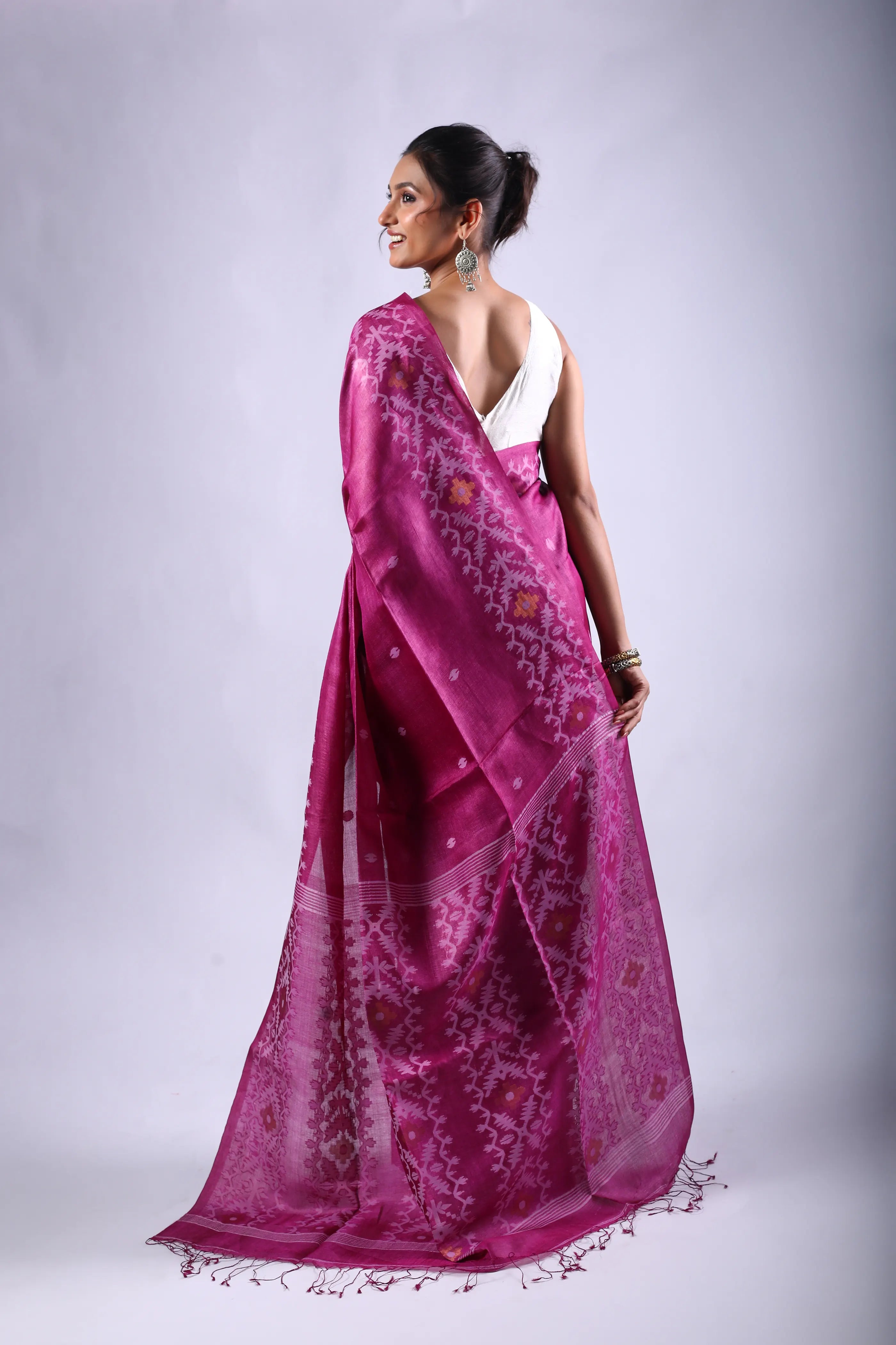 Purplish Wine Tussar Jamdani Saree With Blouse Piece