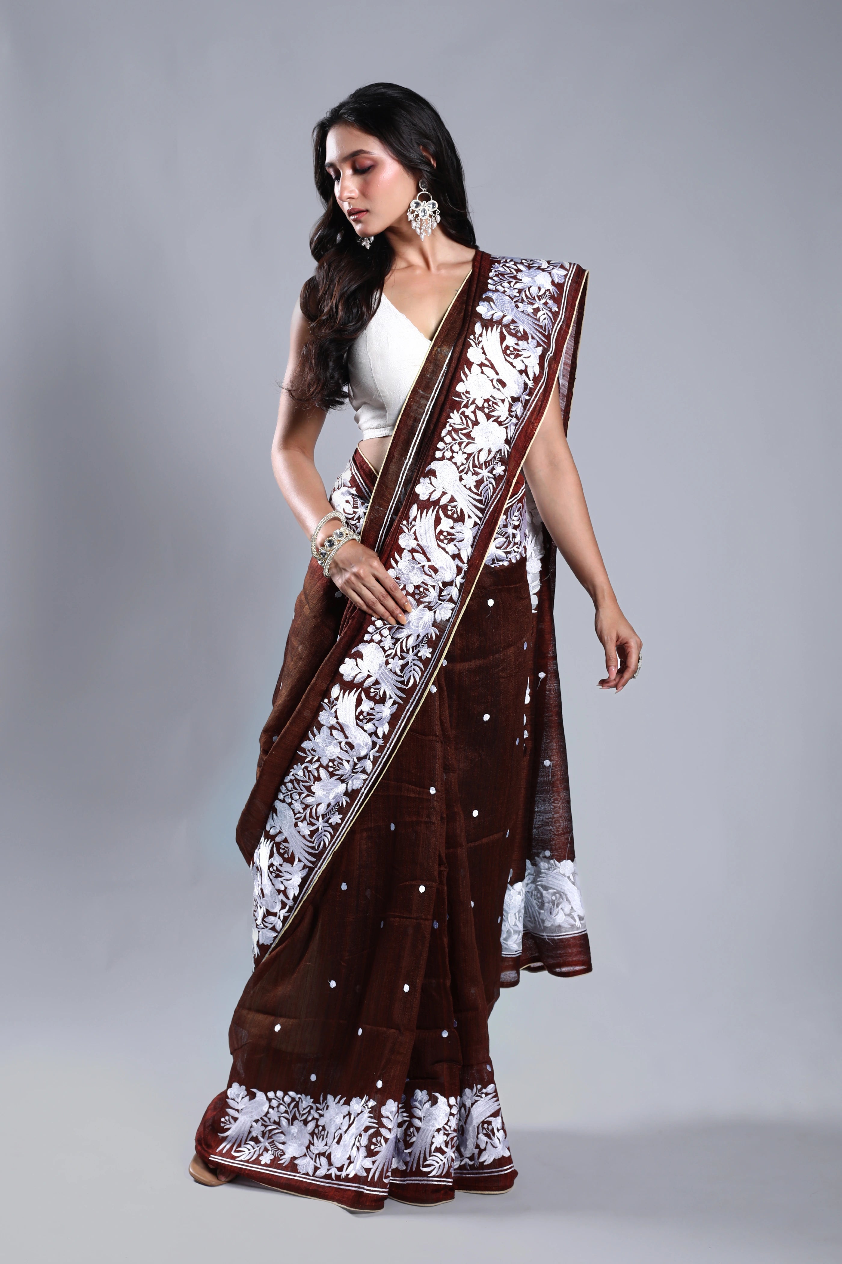 Choclate Matka Machine Parsi Work Saree With Blouse Piece