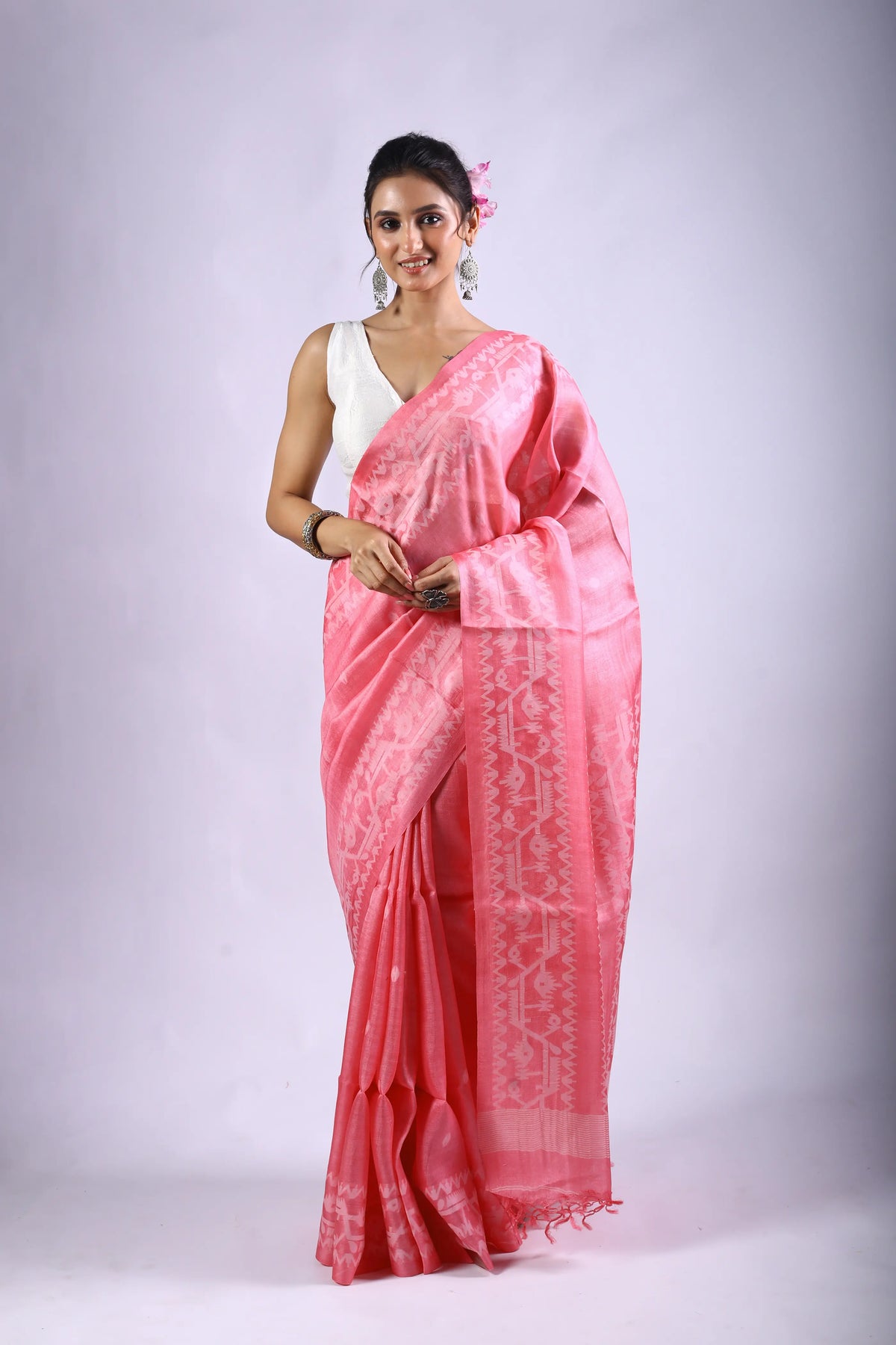 Pink Tussar Jamdani Saree With Blouse Piece