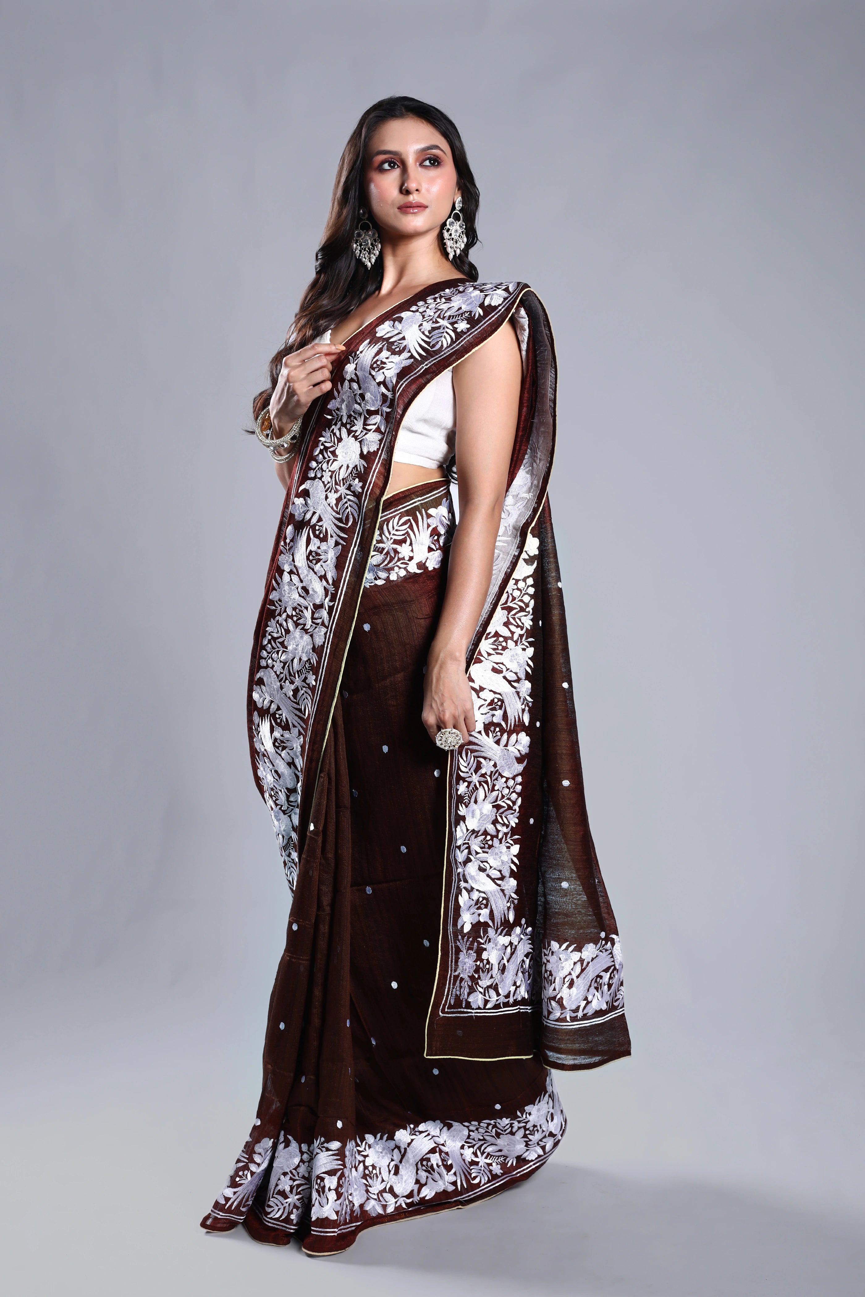 Choclate Matka Machine Parsi Work Saree With Blouse Piece