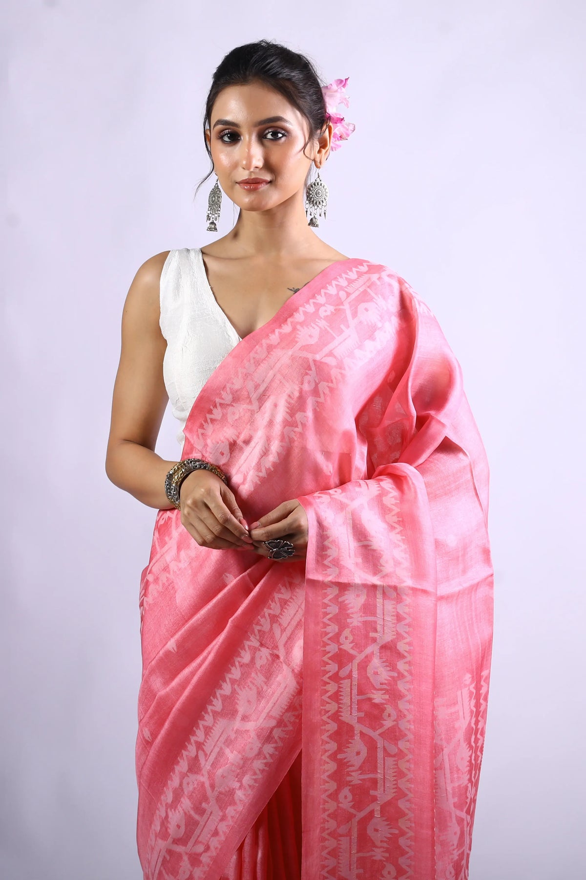 Pink Tussar Jamdani Saree With Blouse Piece