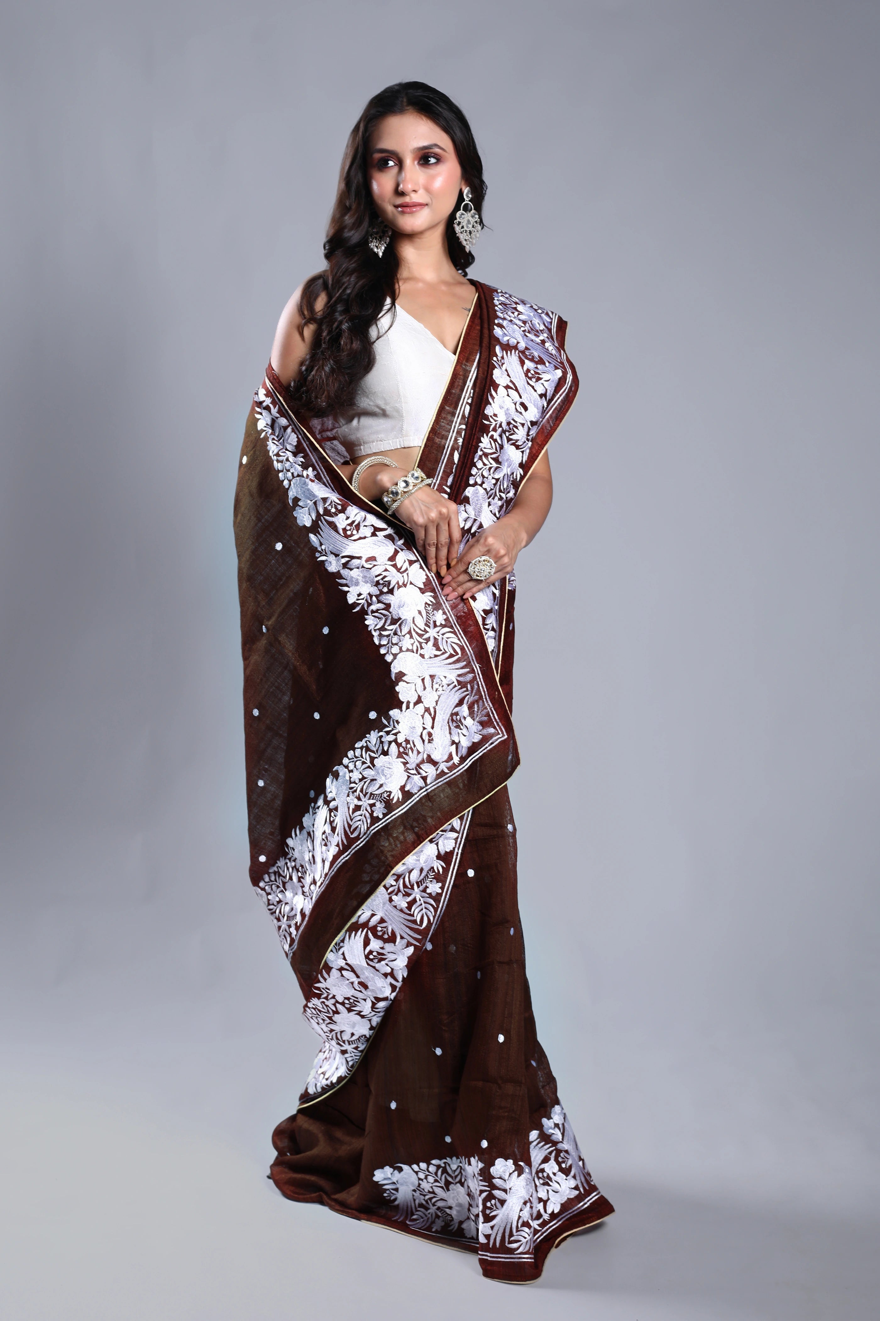 Choclate Matka Machine Parsi Work Saree With Blouse Piece