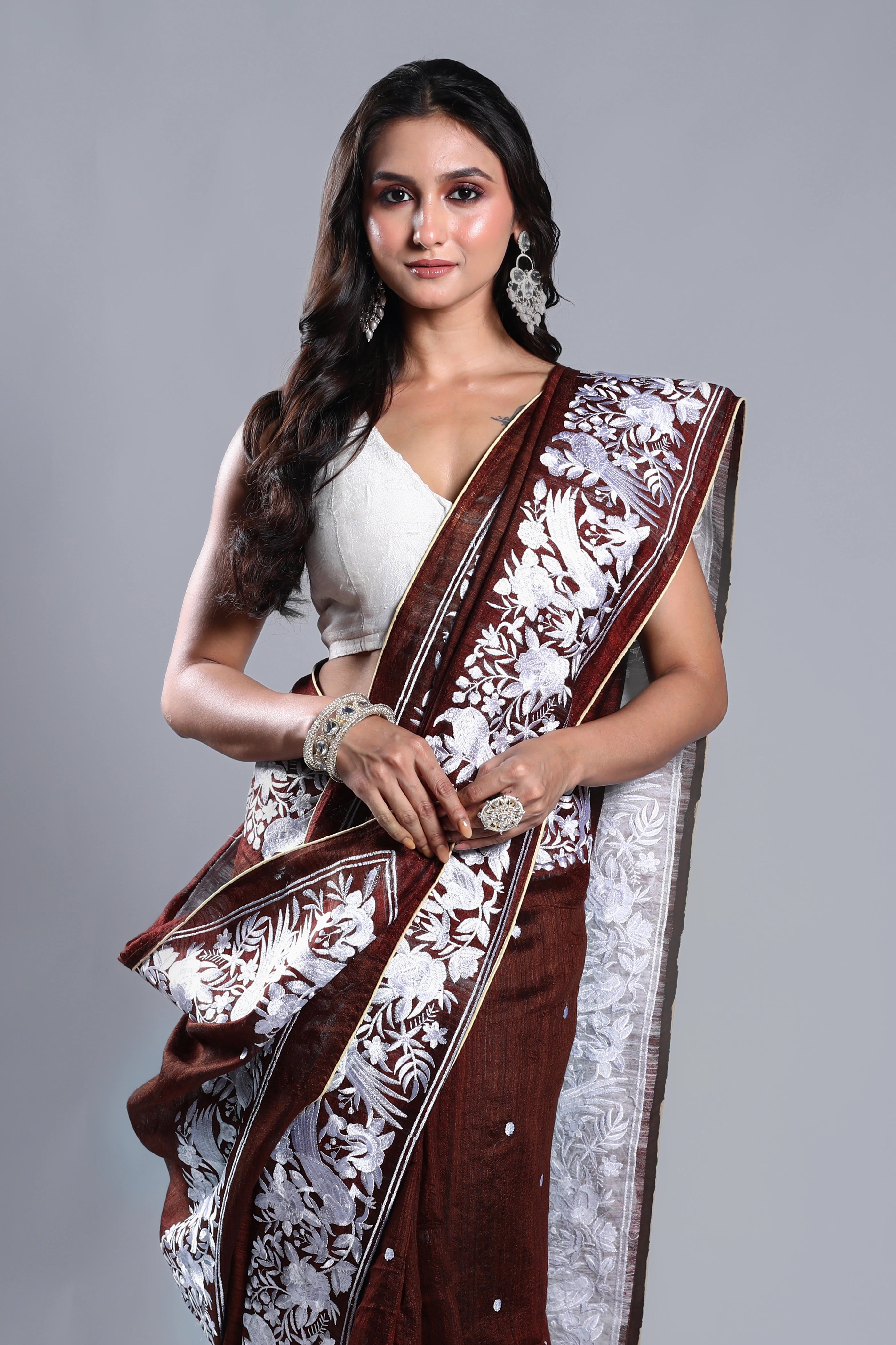 Choclate Matka Machine Parsi Work Saree With Blouse Piece