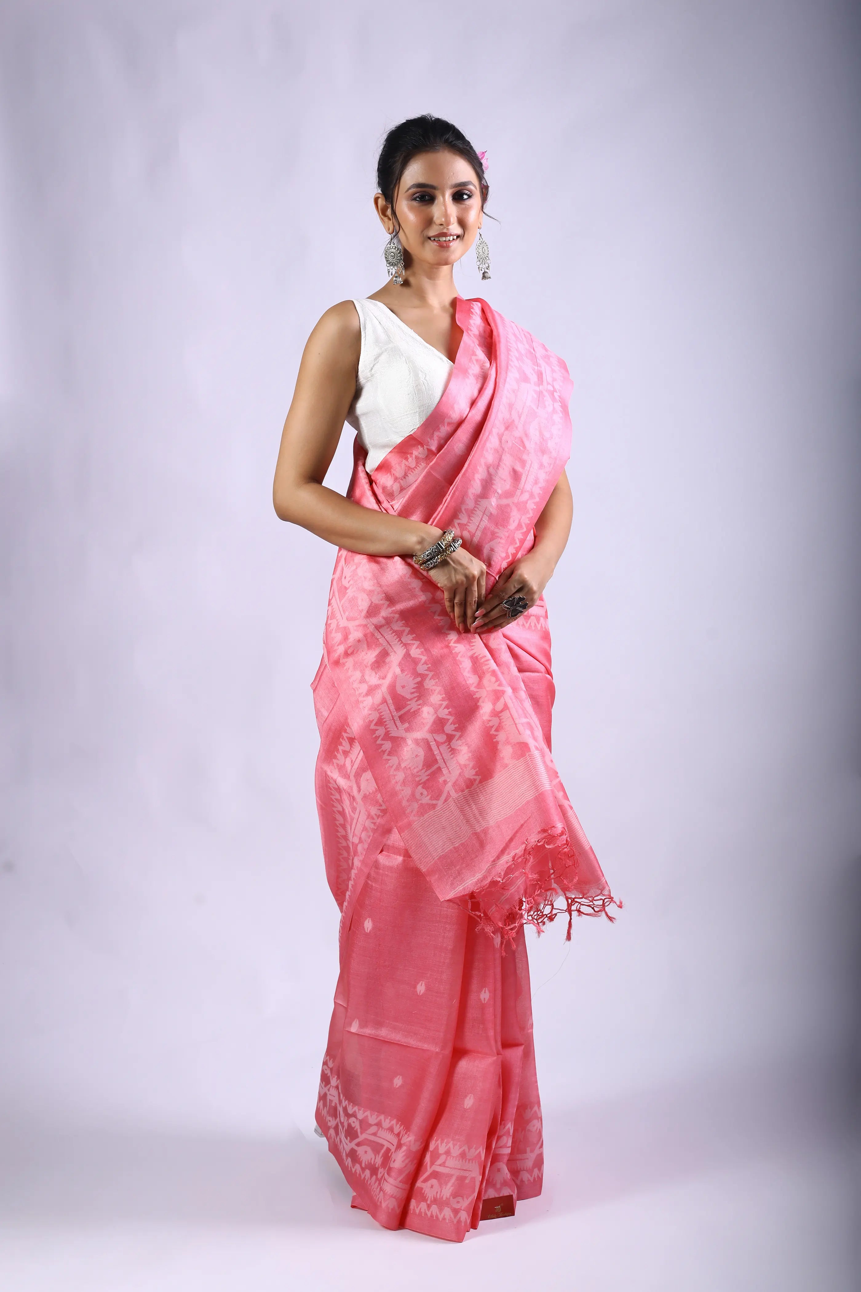 Pink Tussar Jamdani Saree With Blouse Piece