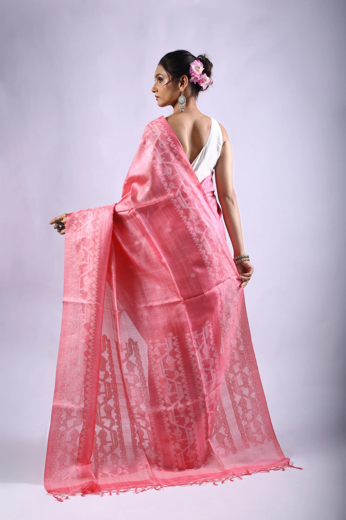 Pink Tussar Jamdani Saree With Blouse Piece