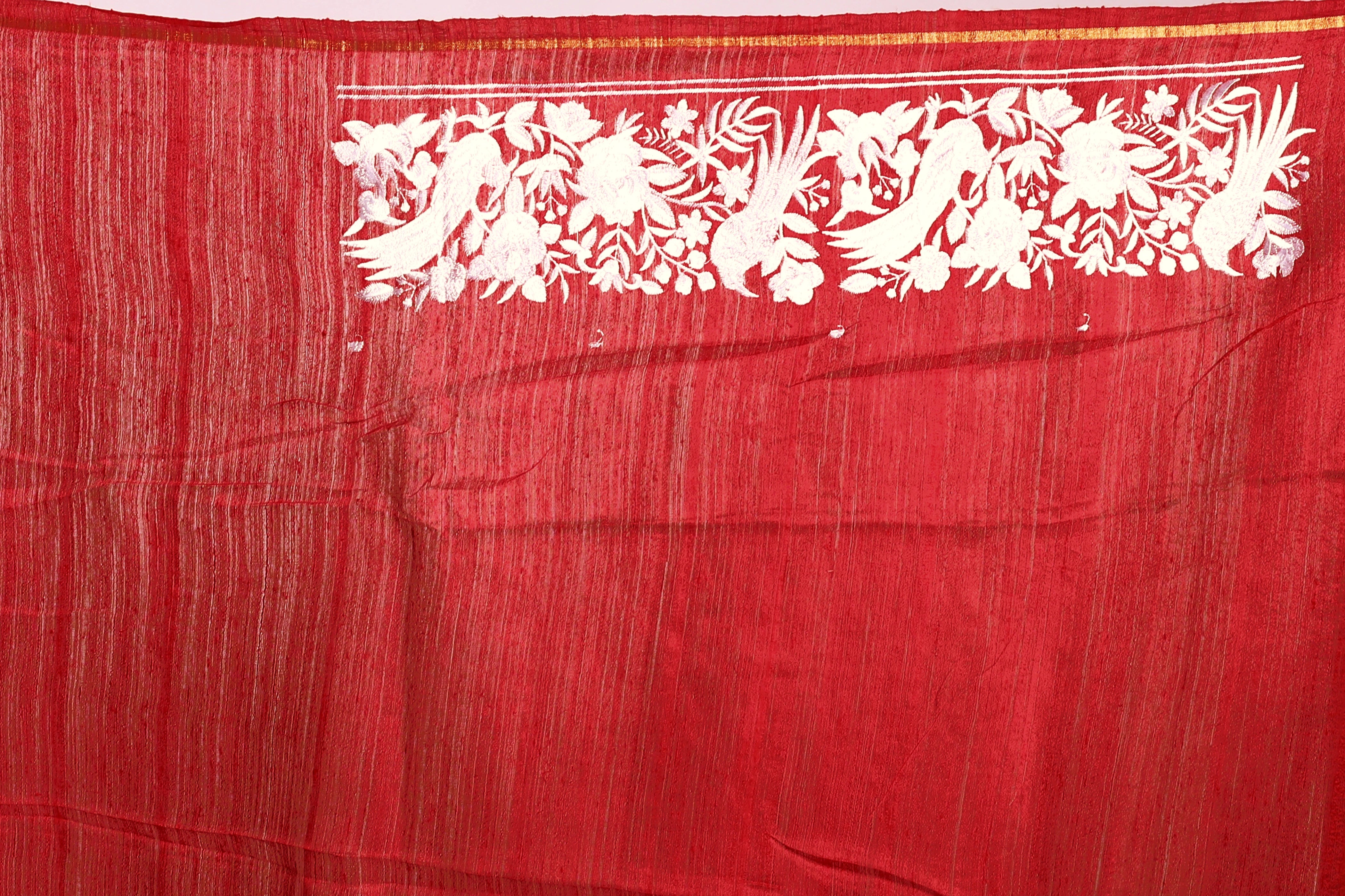 Red Matka Machine Parsi Work Saree With Blouse Piece