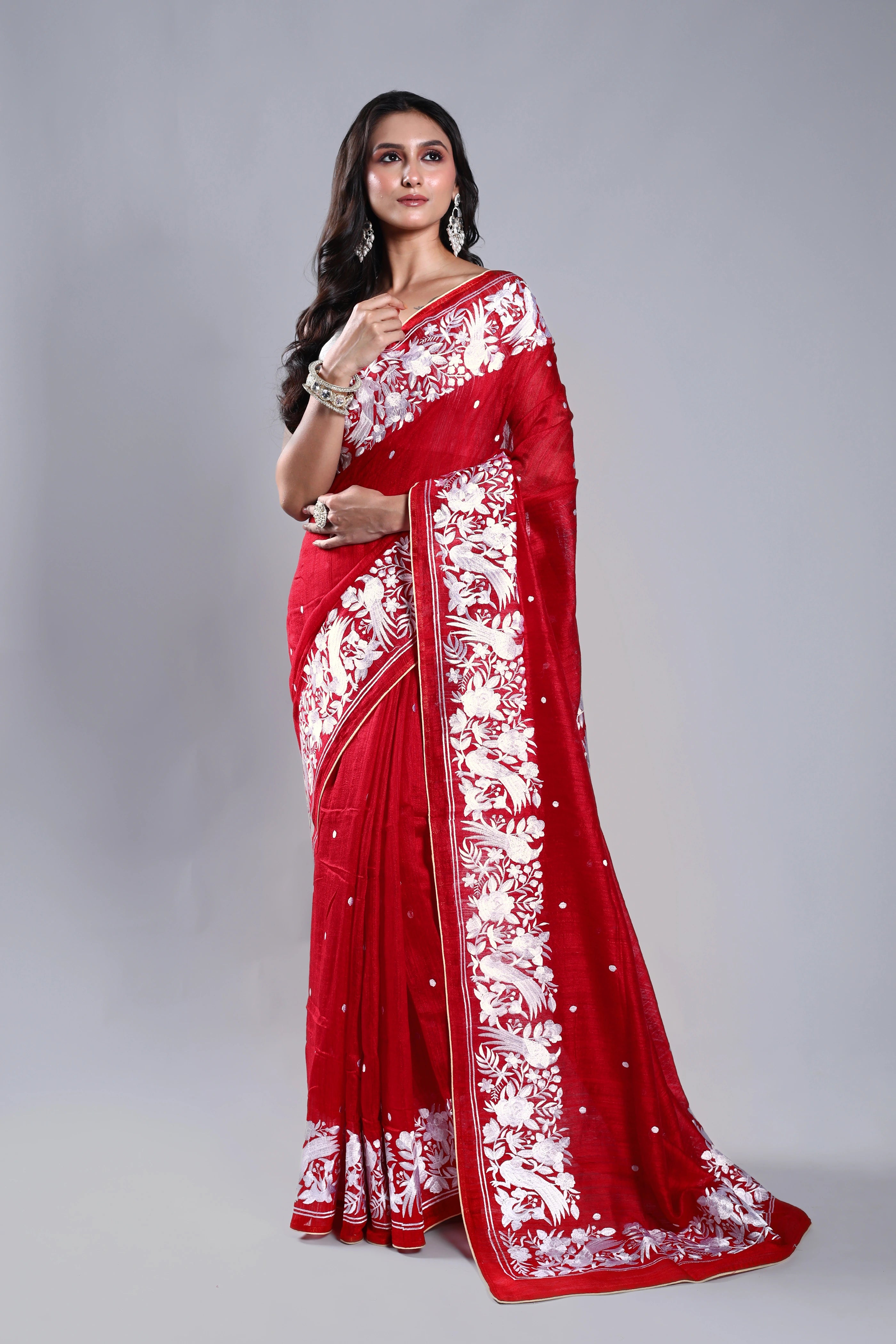 Red Matka Machine Parsi Work Saree With Blouse Piece