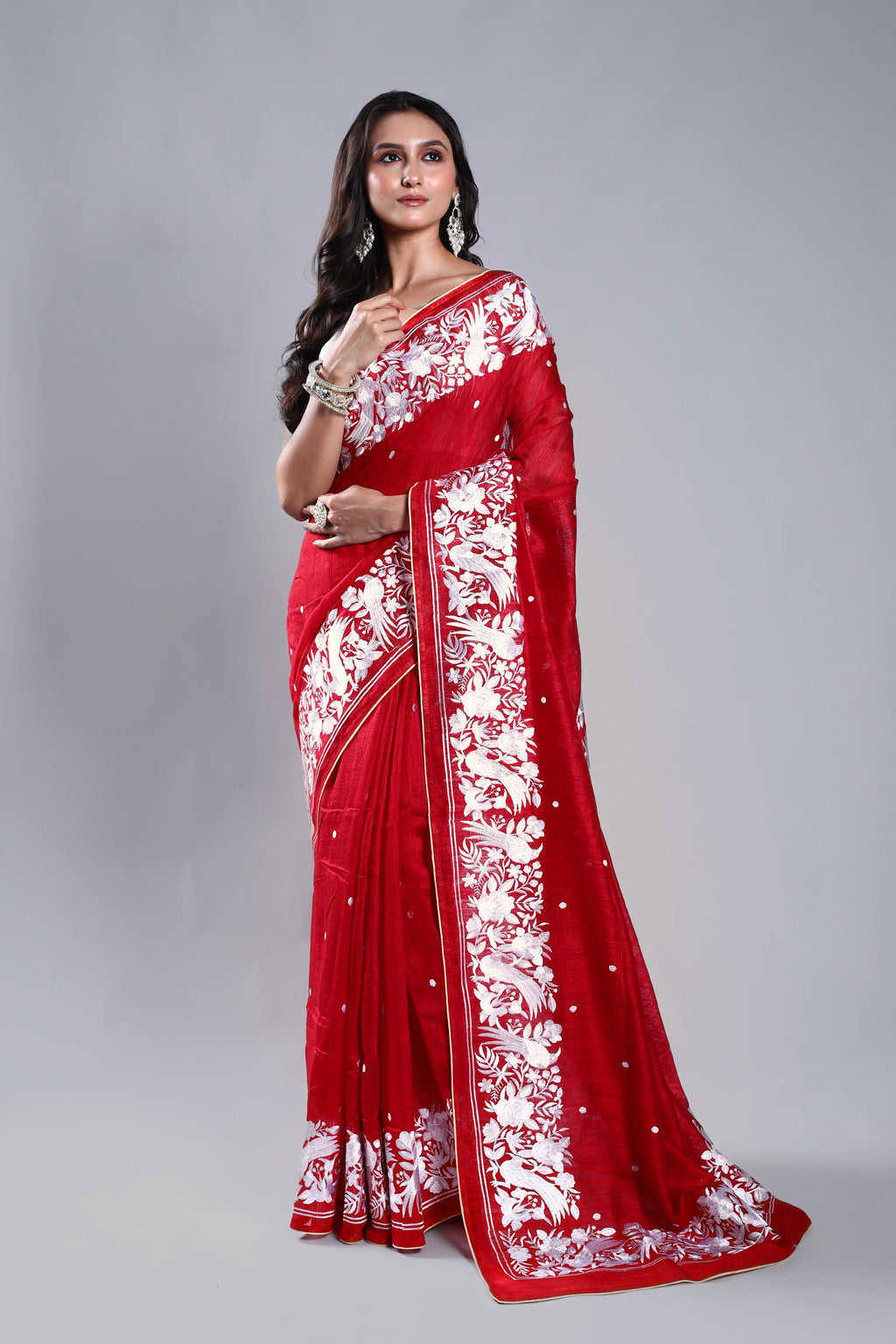 Red Matka Machine Parsi Work Saree With Blouse Piece